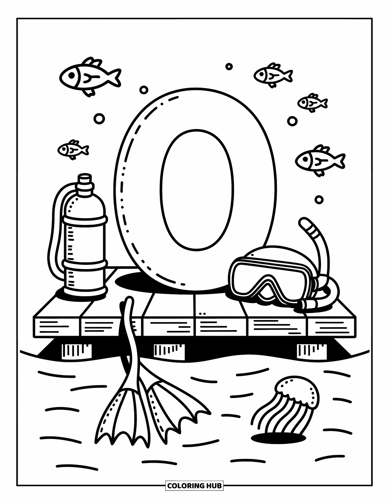 Letter O Coloring Page for Adults: O on a wooden pier with fish jumping, fins, and a snorkeling mask nearby