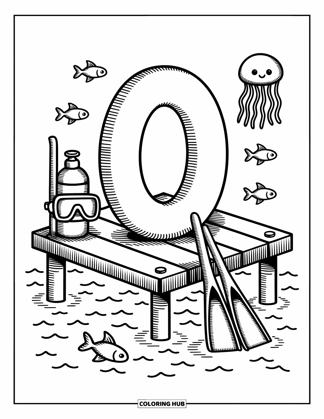Letter O Coloring Page for Adults: O rests by the sea with a jellyfish, oxygen tank, and leaping fish