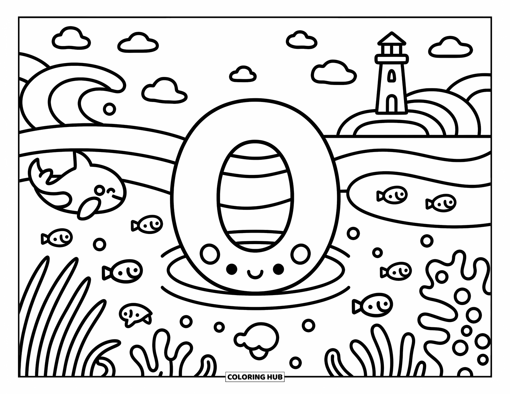 Letter O Coloring Page for Adults: O surrounded by fish, waves, coral, and a breaching orca in a cozy sea