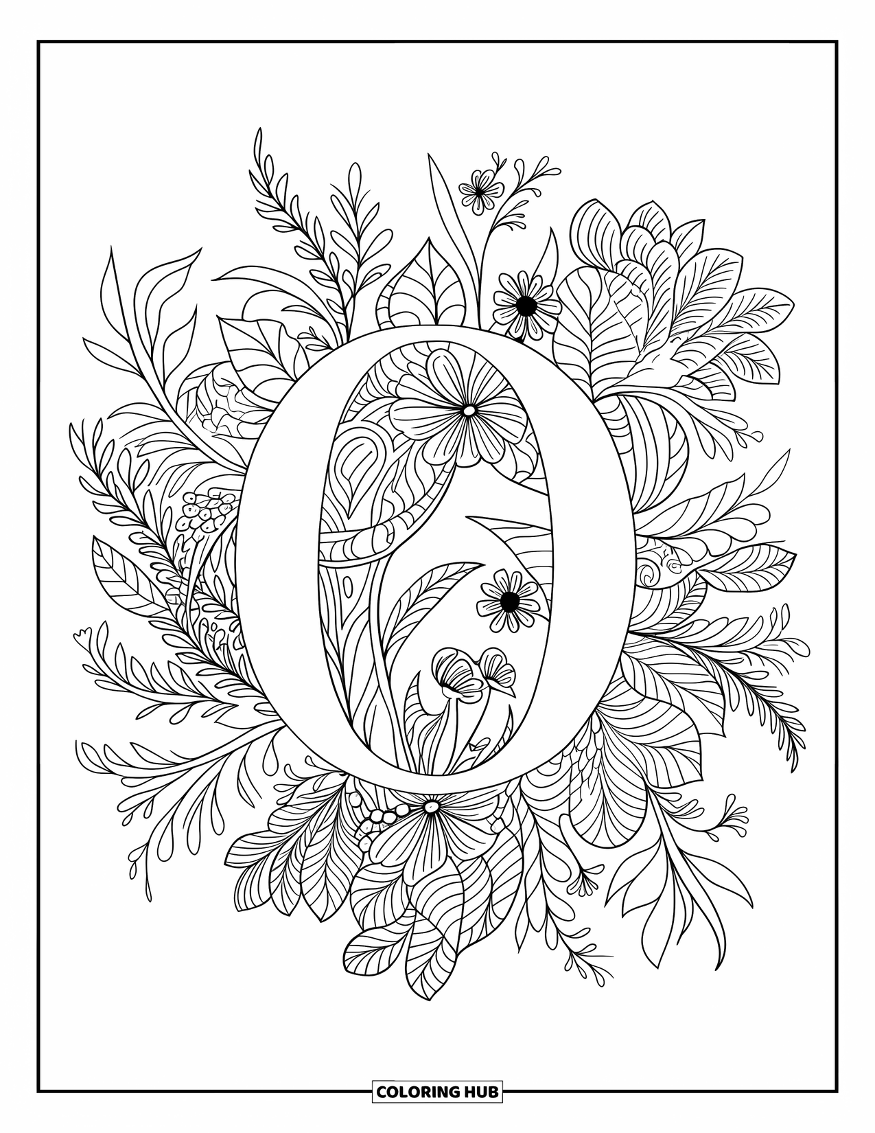Letter O Coloring Page for Adults: O surrounded by leaves and wildflowers in a blooming mandala