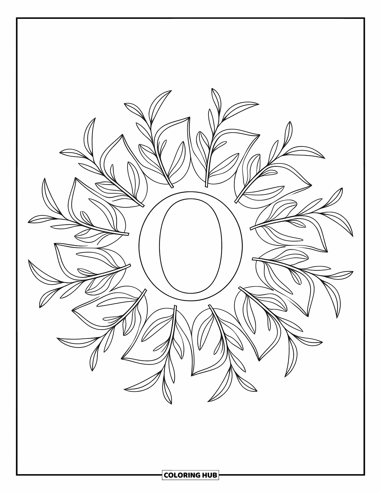Letter O Coloring Page for Adults: O surrounded by olive branches and curling stems in radial form