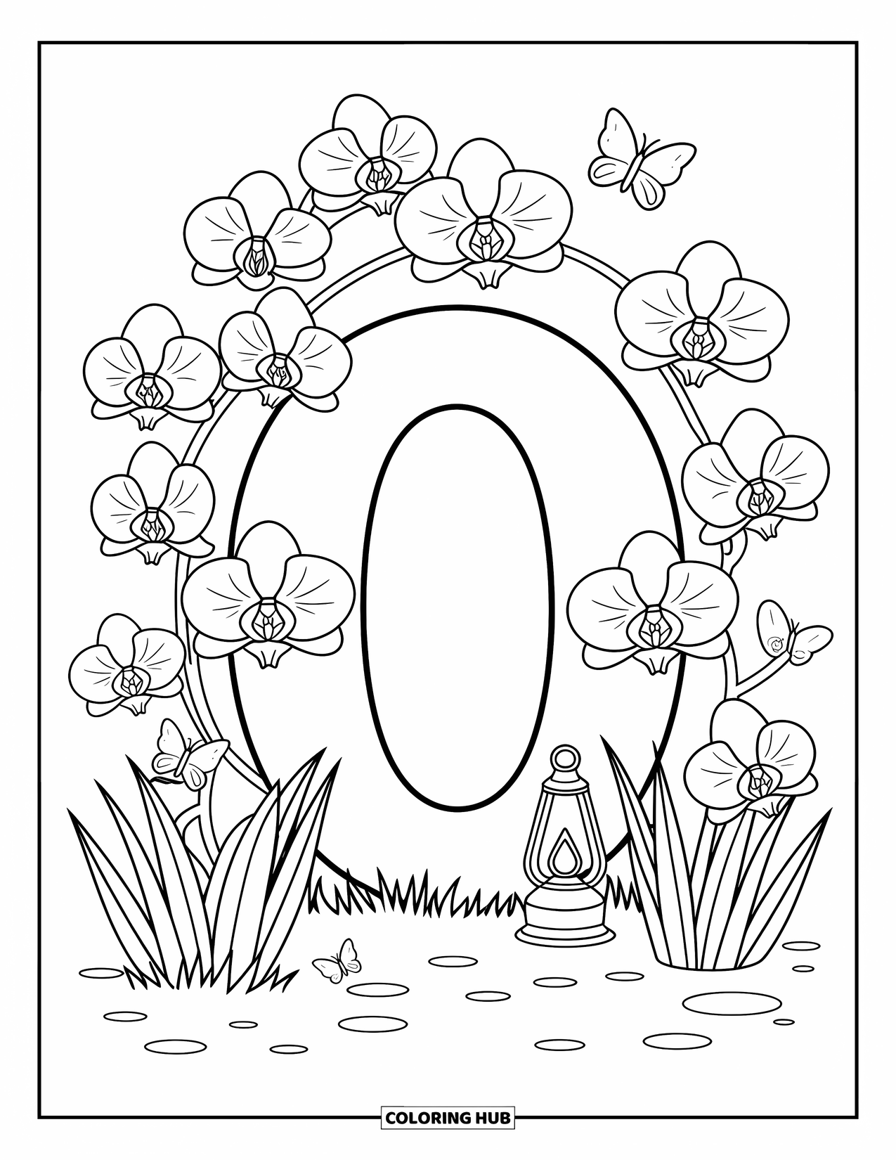 Letter O Coloring Page for Adults: O tucked among orchids with butterflies and a playful lamp in a cozy garden