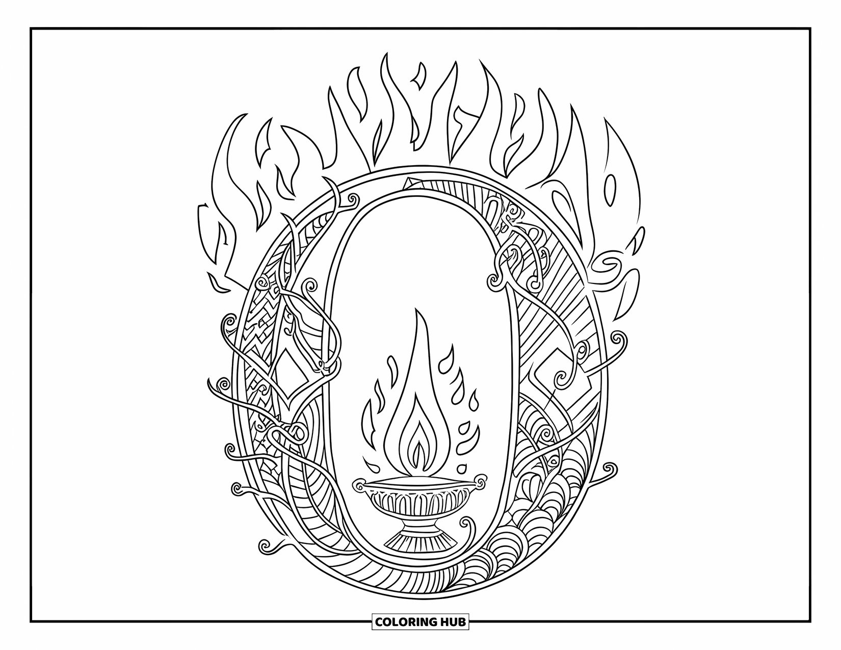 Letter O Coloring Page for Adults: O with flames and vines in an intricate full-page design