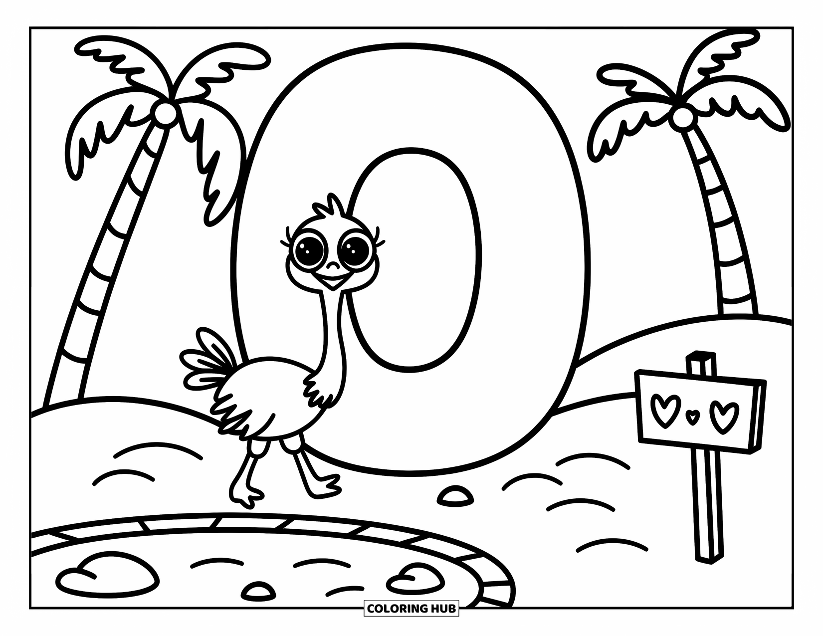 Letter O Coloring Page for Adults: Ostrich strolls beside O in an oasis with palms, pebbles, and a wooden sign