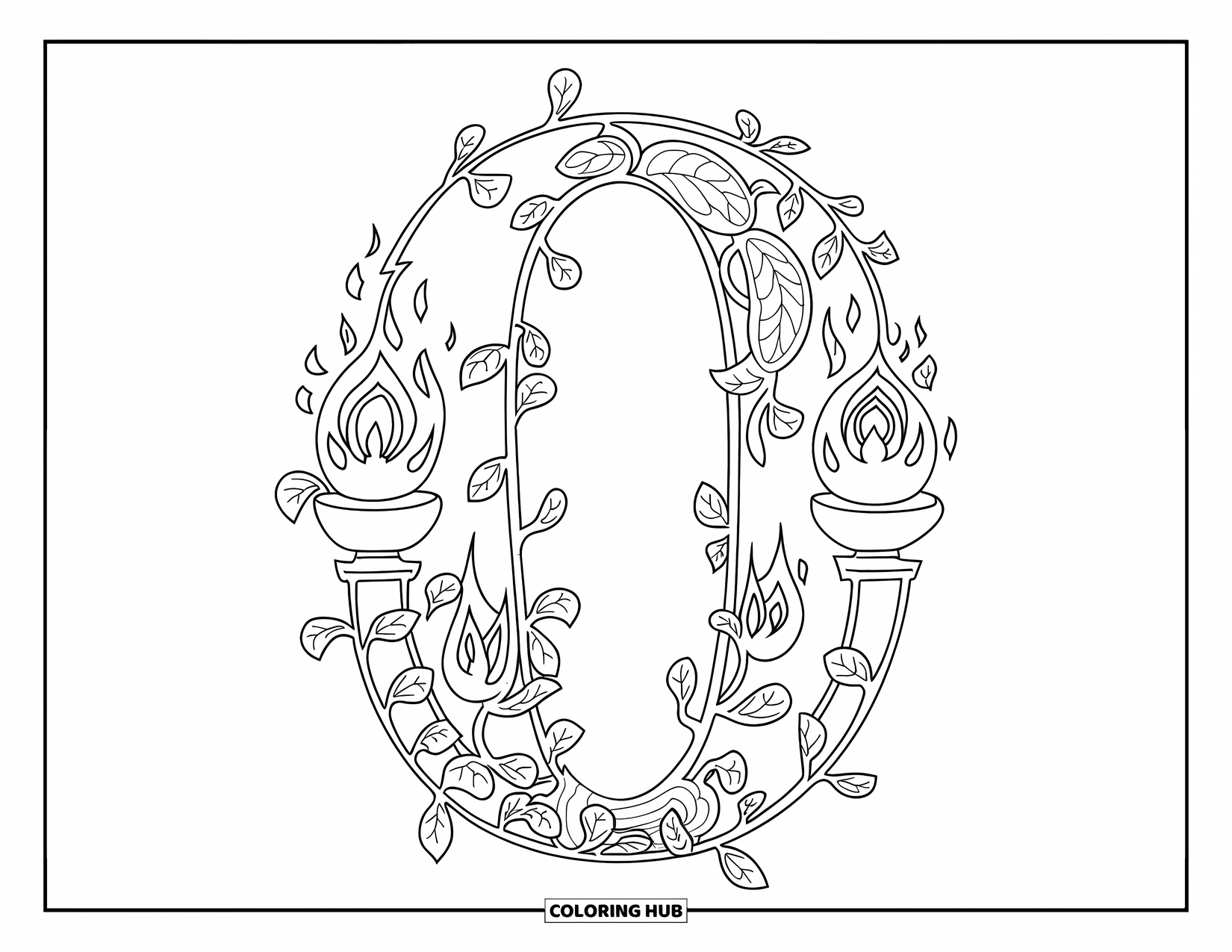 Letter O Coloring Page for Adults: Stylized O framed by oil lamp flames and curling vines