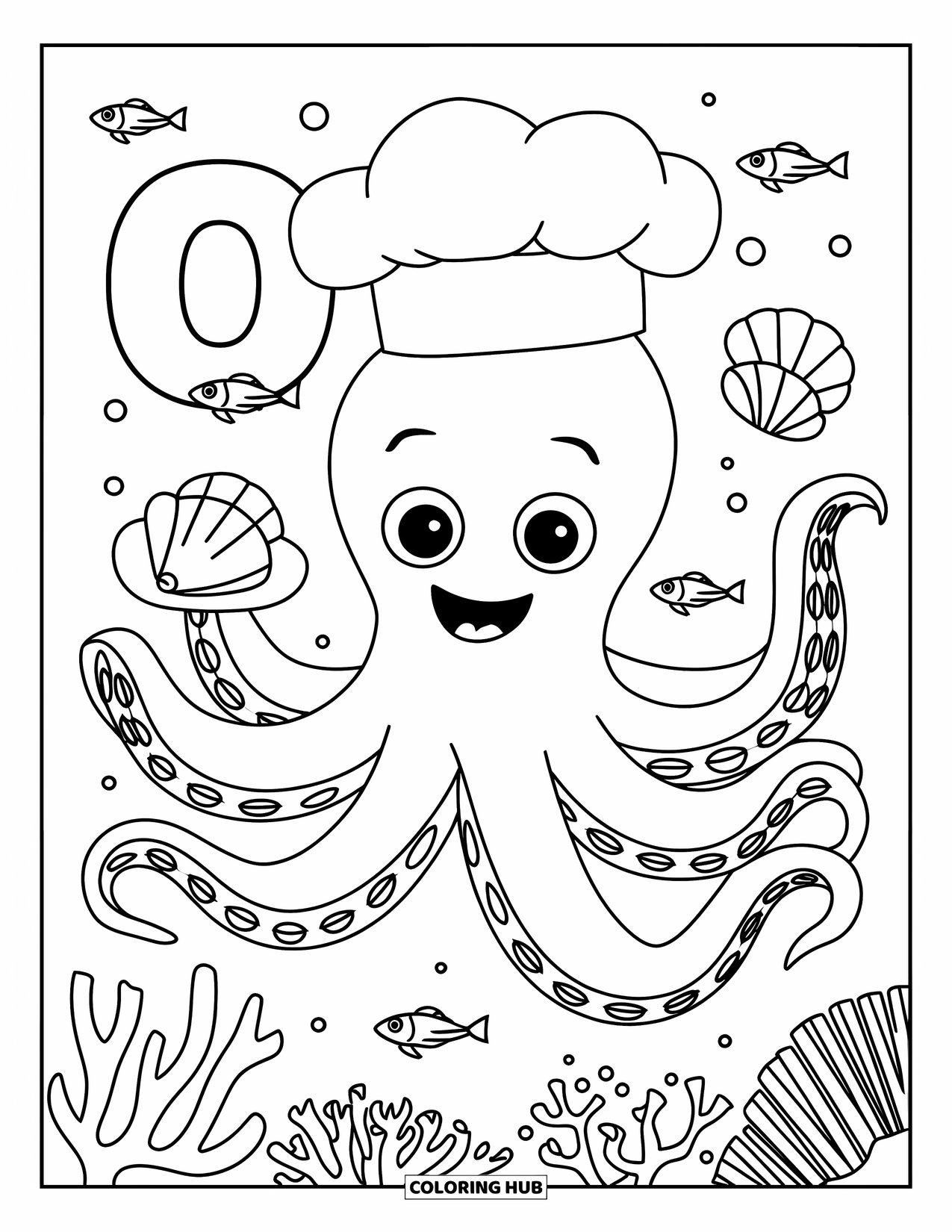 Letter O Coloring Page for Kids: Chef hat octopus juggles shells beside O in the ocean