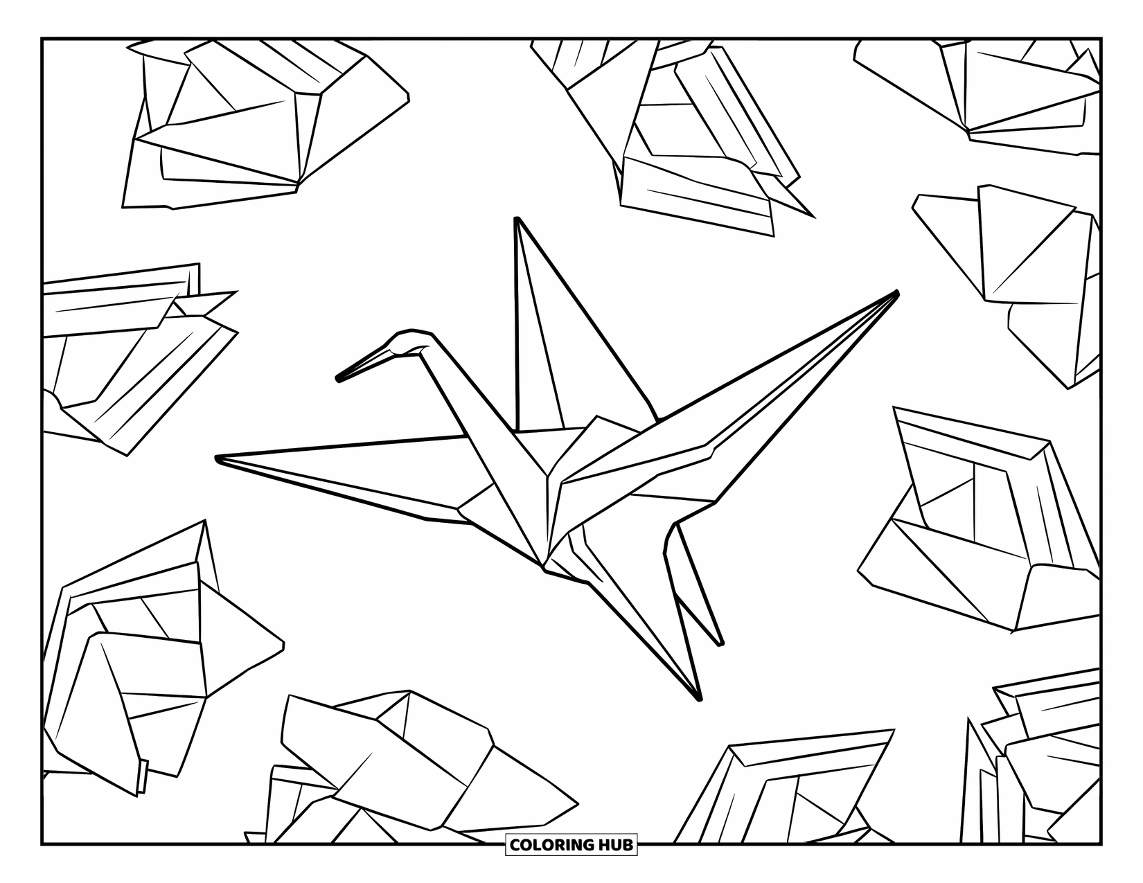 Letter O Coloring Page for Kids: Crisp-lined origami crane with scattered paper folds around it