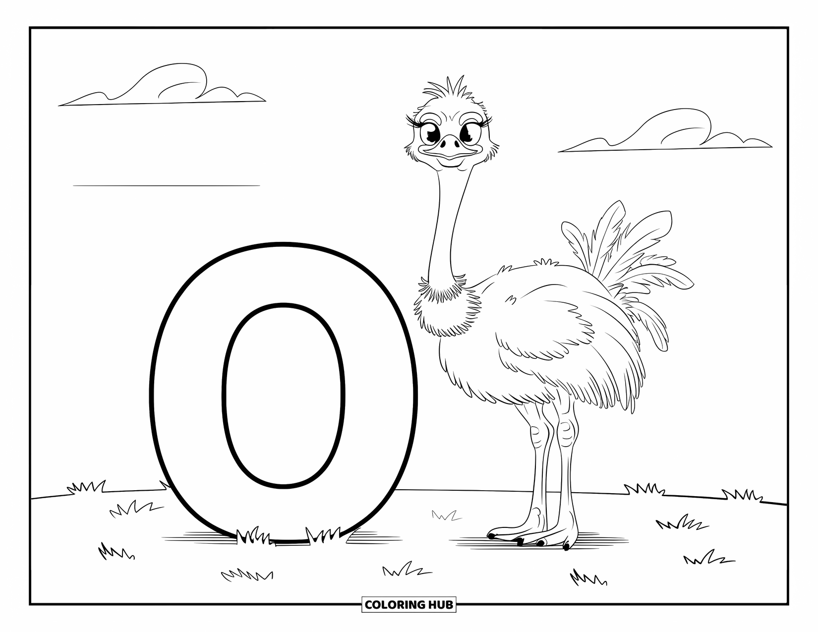 Letter O Coloring Page for Kids: Letter O beside a curious ostrich on grassy ground