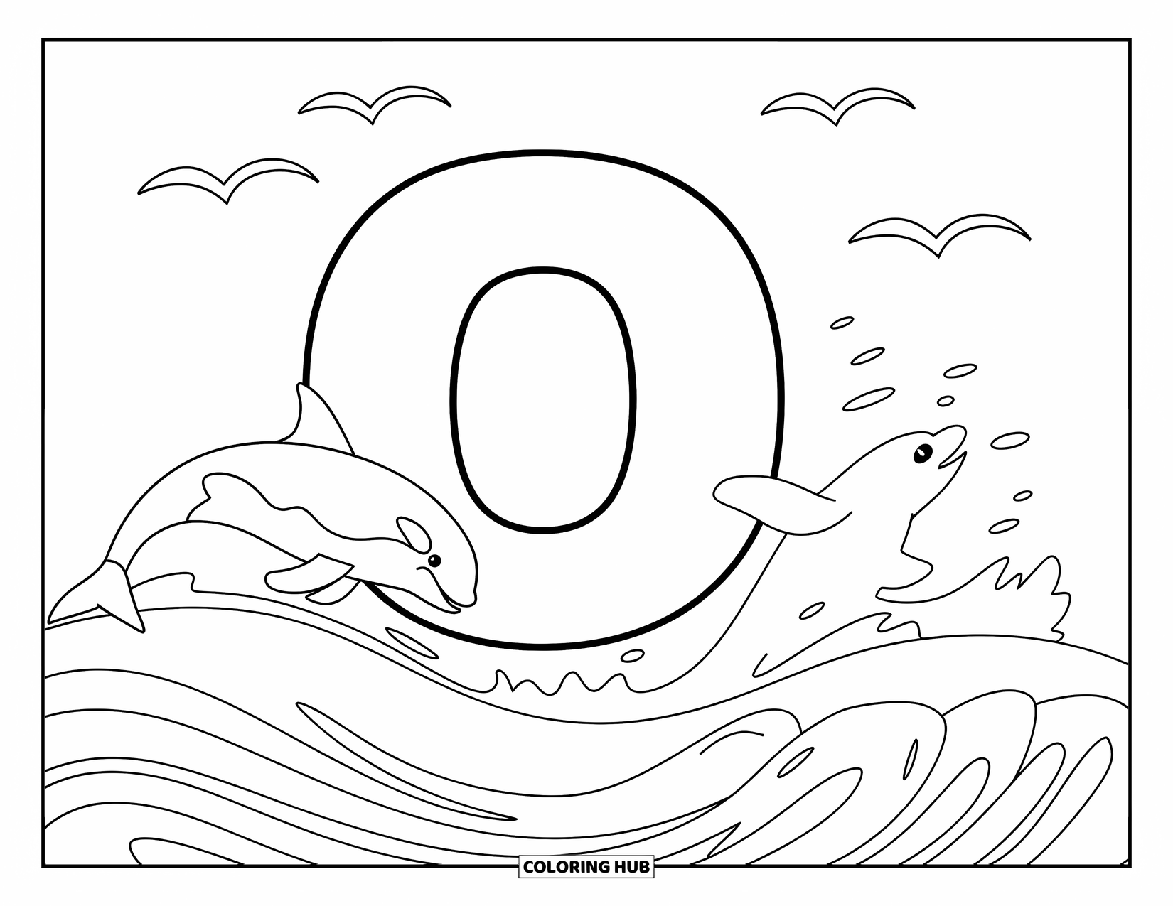 Letter O Coloring Page for Kids: Letter O floats in the ocean with an orca jumping nearby