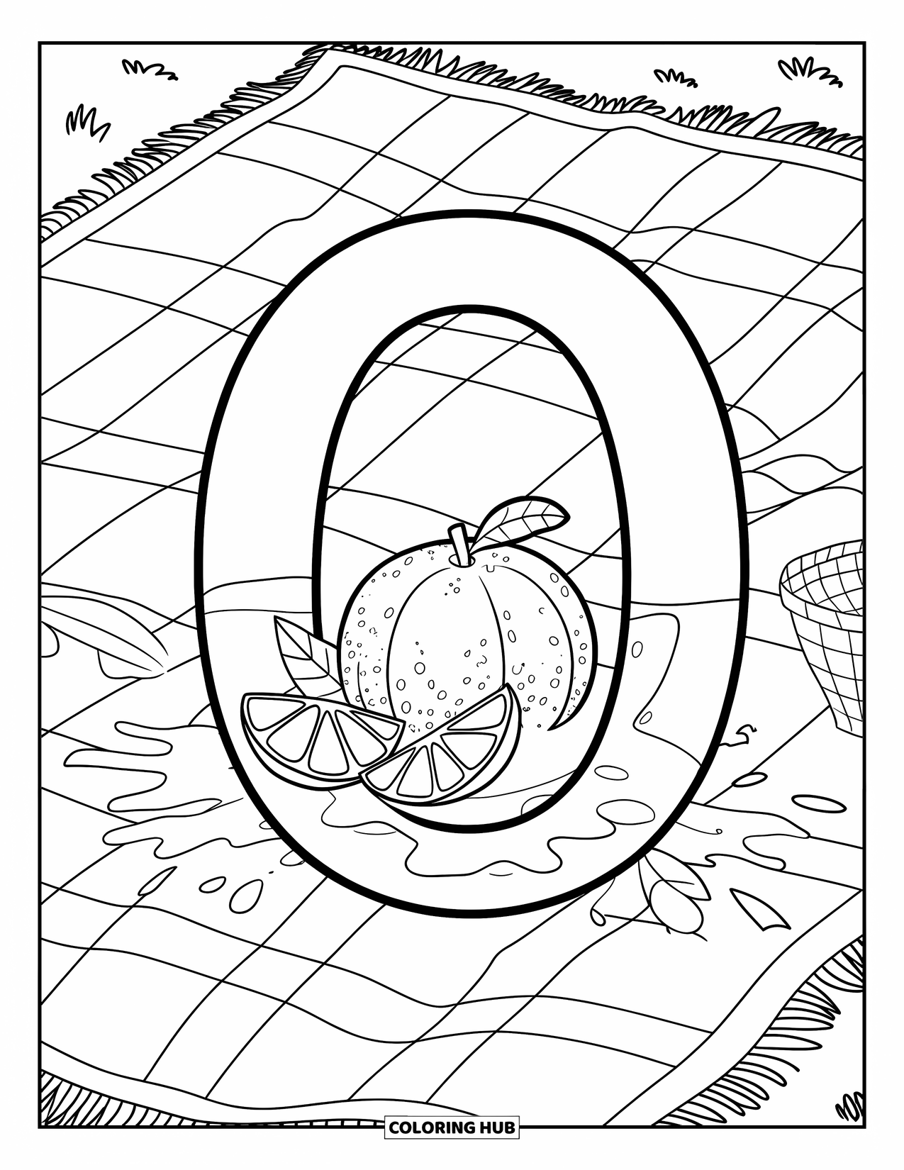 Letter O Coloring Page for Kids: O blends into a picnic scene filled with oranges, slices, and juice splashes