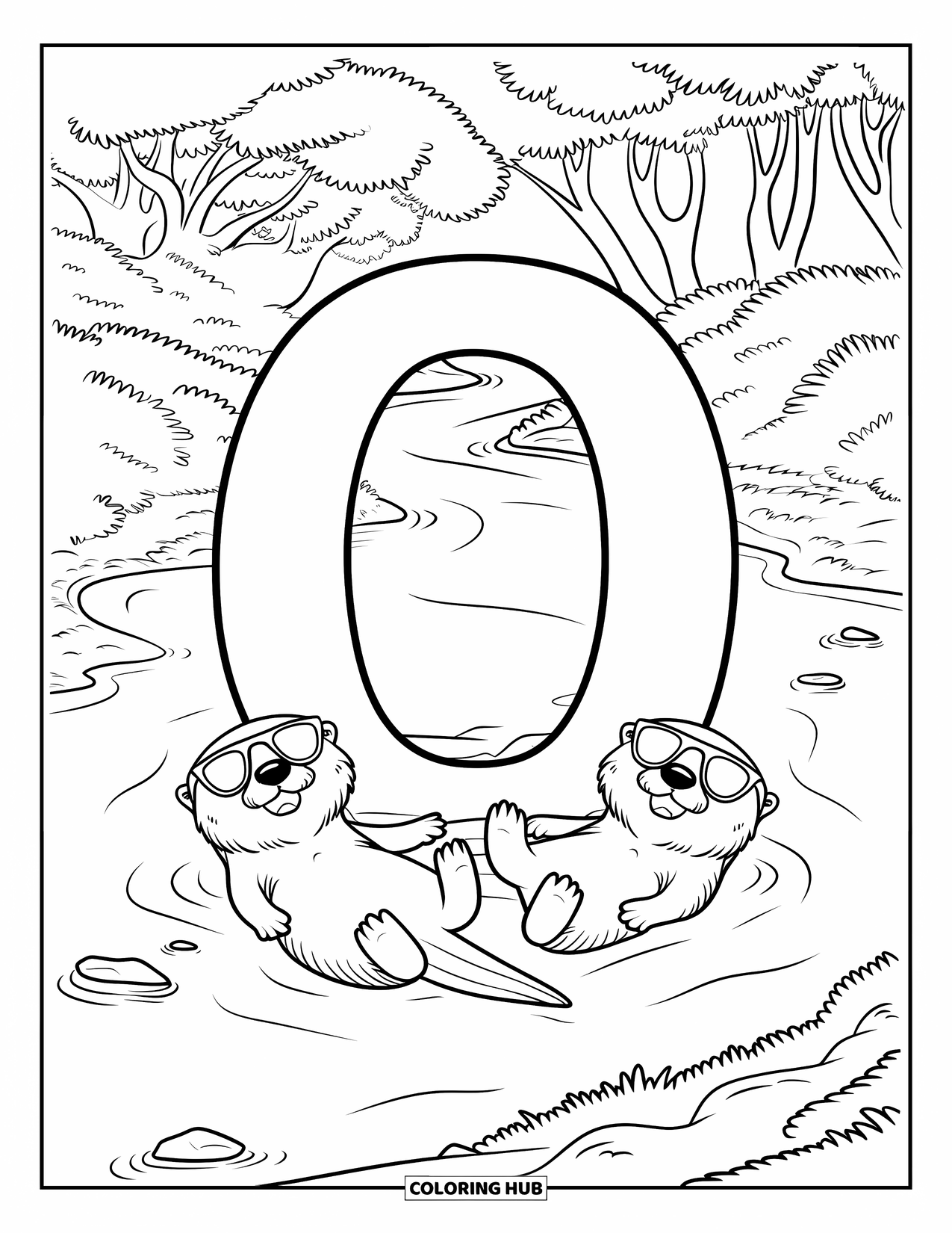 Letter O Coloring Page for Kids: O floats in a river with two otters holding hands beside it