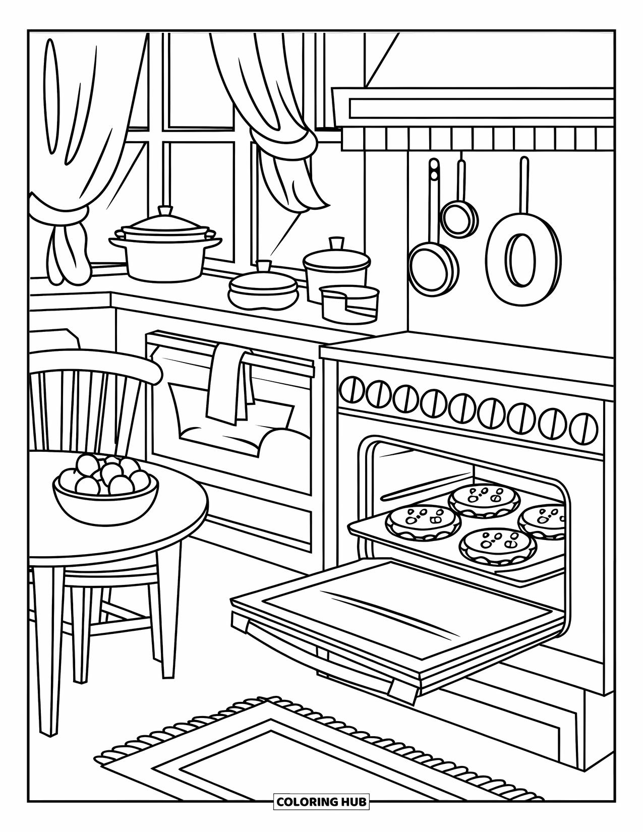 Letter O Coloring Page for Kids: O in a cozy kitchen with cookies baking in the oven