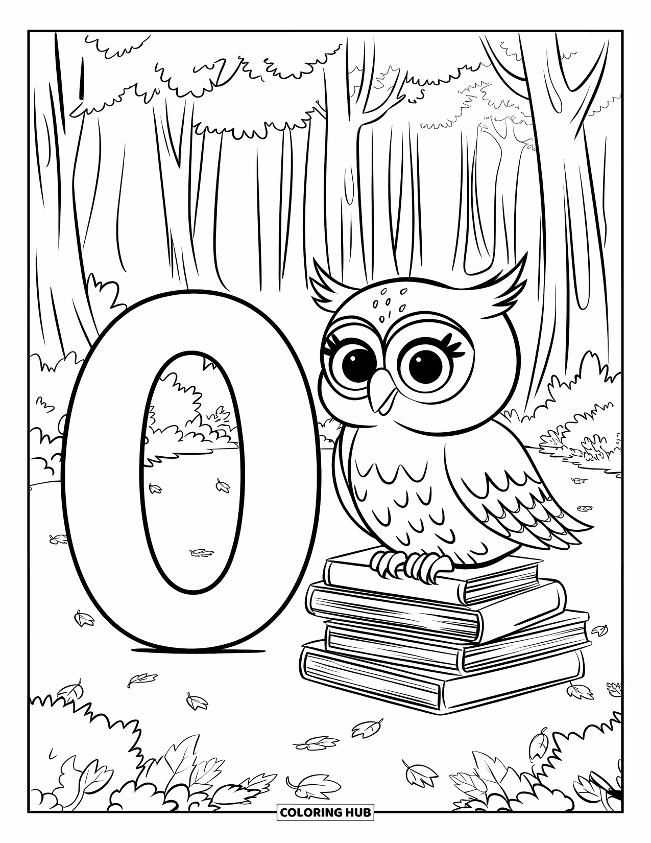 Letter O Coloring Page for Kids: O next to an owl on books surrounded by trees and autumn leaves