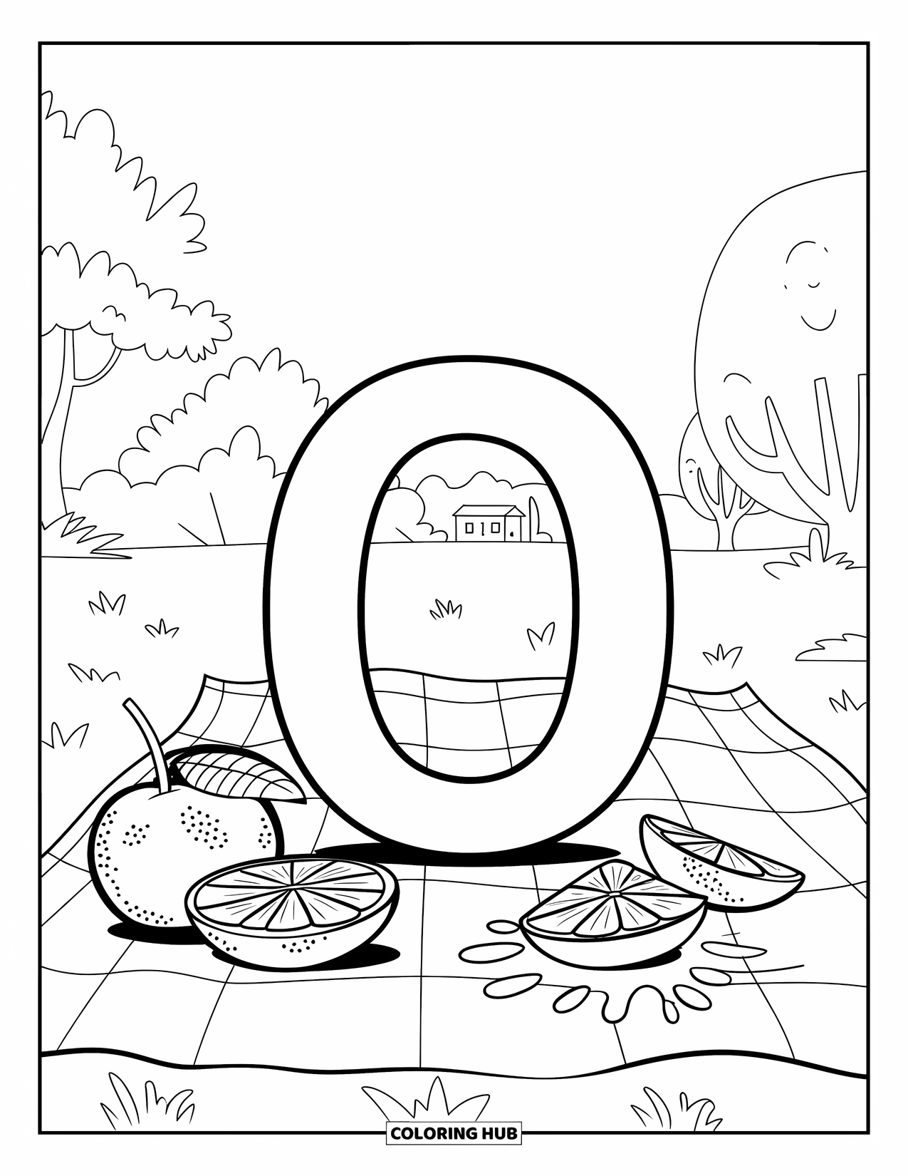 Letter O Coloring Page for Kids: O on a picnic blanket with orange slices and juice splashes