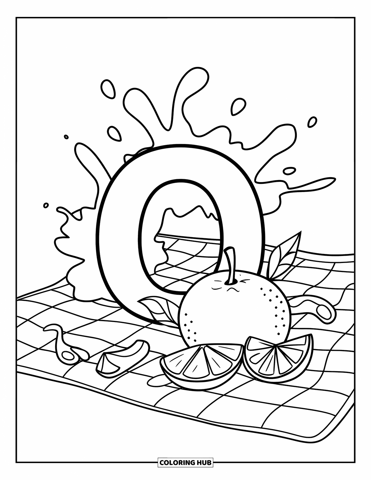 Letter O Coloring Page for Kids: O surrounded by oranges and juice on a sunny picnic setup