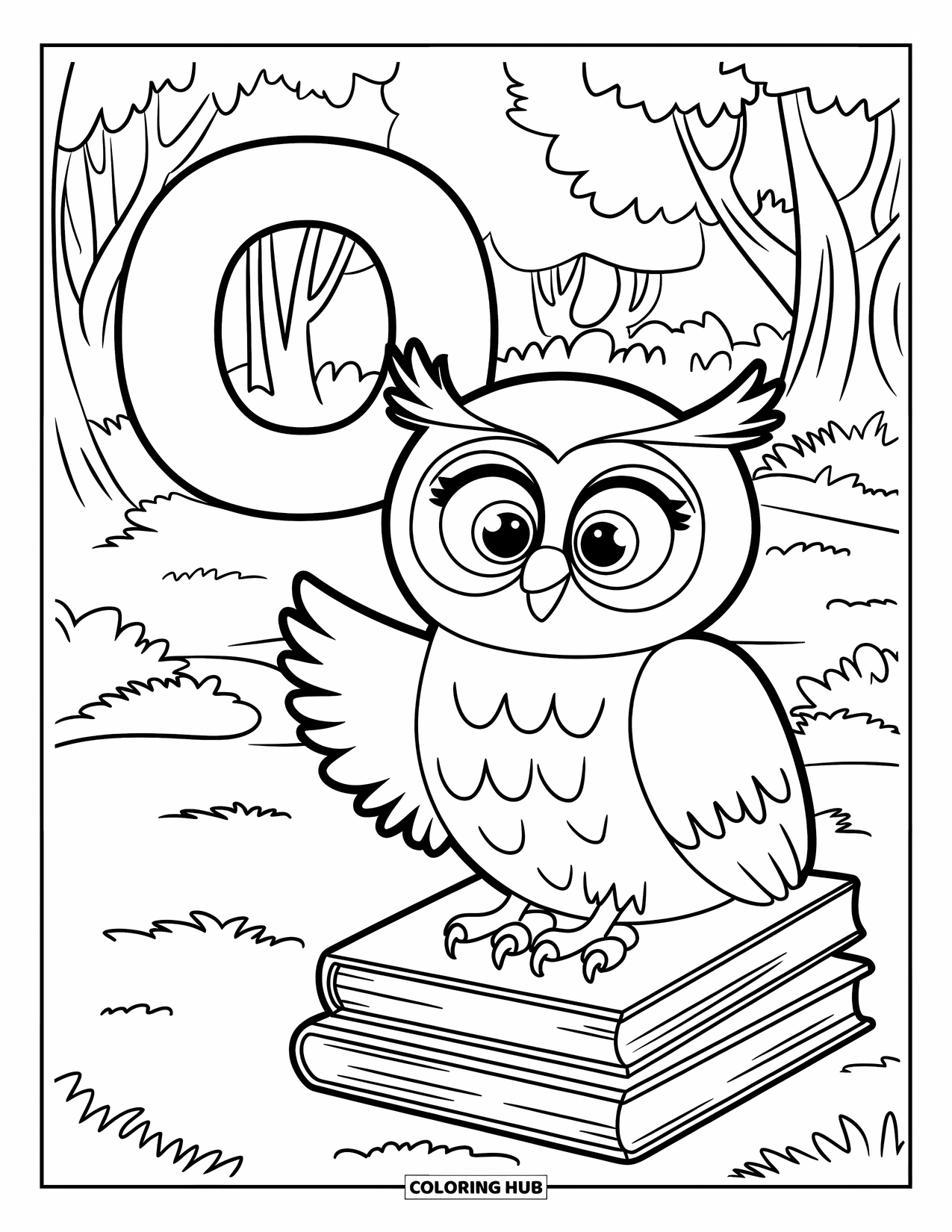 Letter O Coloring Page for Kids: O with a playful owl on books surrounded by trees