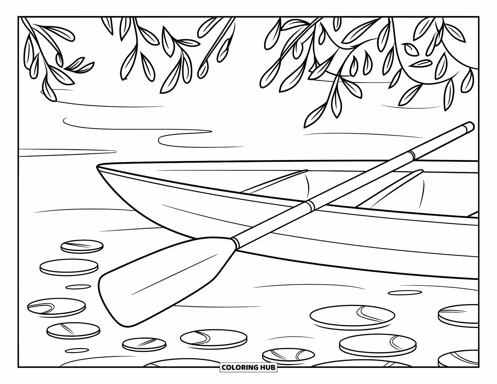 Letter O Coloring Page for Kids: Oar resting against a rowboat on a calm lake with lily pads