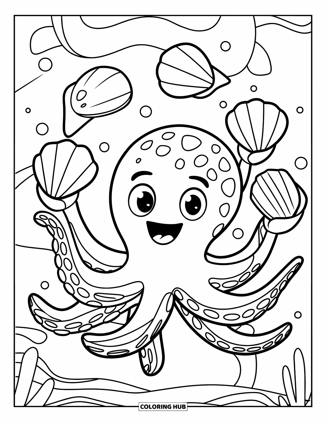Letter O Coloring Page for Kids: Octopus juggling shells beside O in an underwater scene
