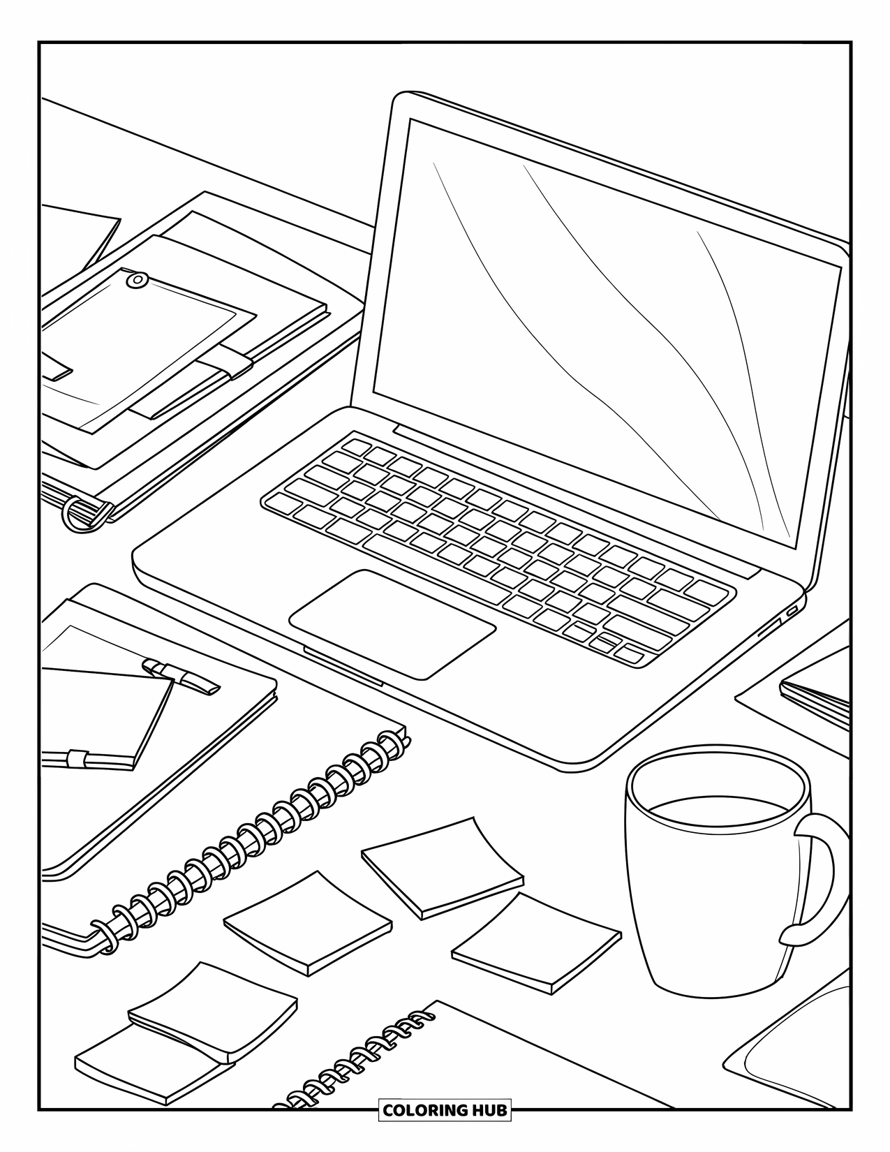 Letter O Coloring Page for Kids: Office desk with a laptop, mug, notebooks, and sticky notes