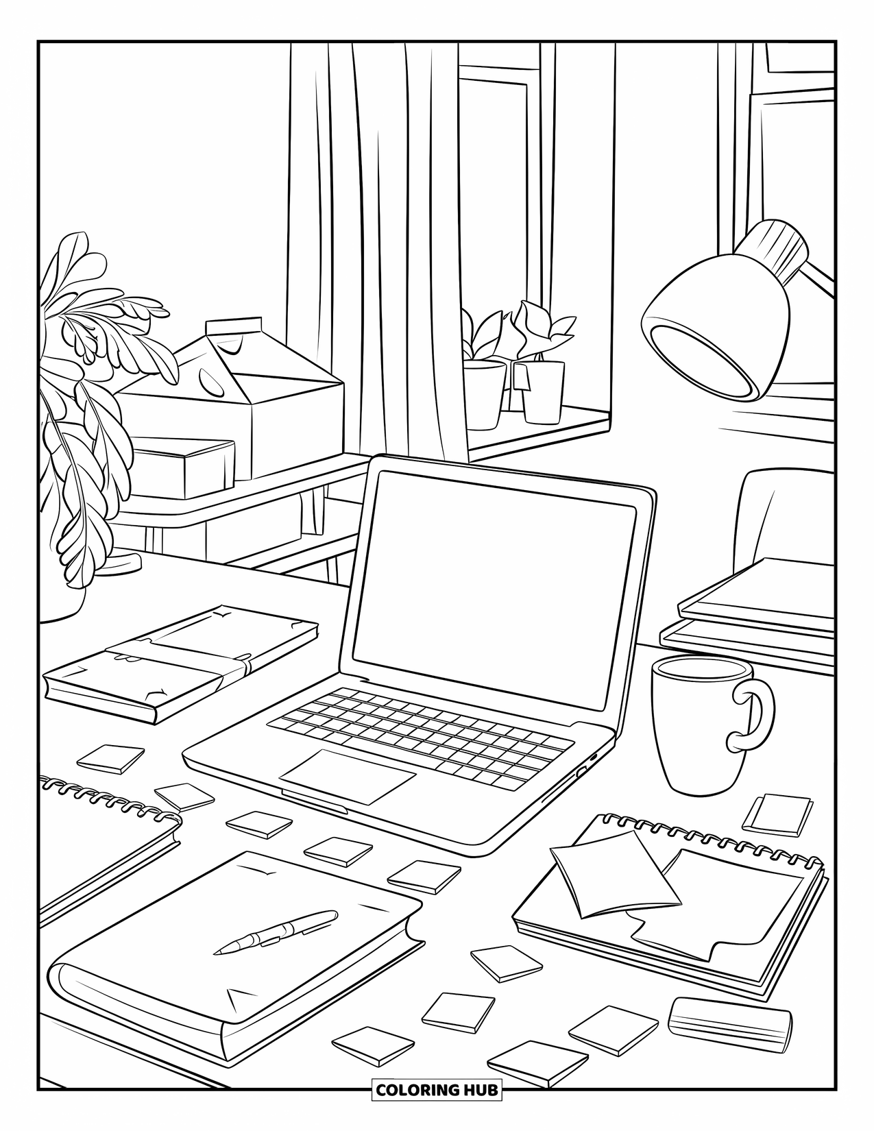 Letter O Coloring Page for Kids: Office desk with plant, window, and cozy workspace essentials