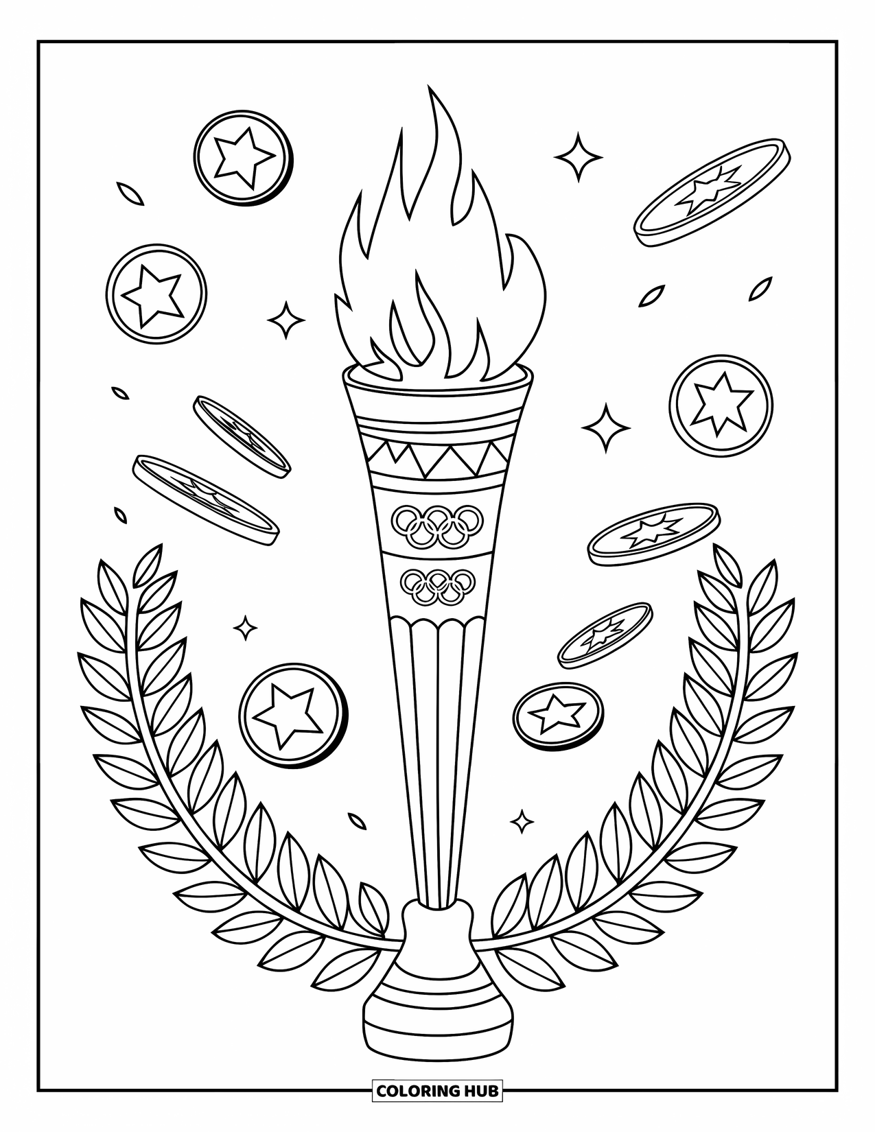 Letter O Coloring Page for Kids: Olympic torch with rising flames, medals, and laurel leaves