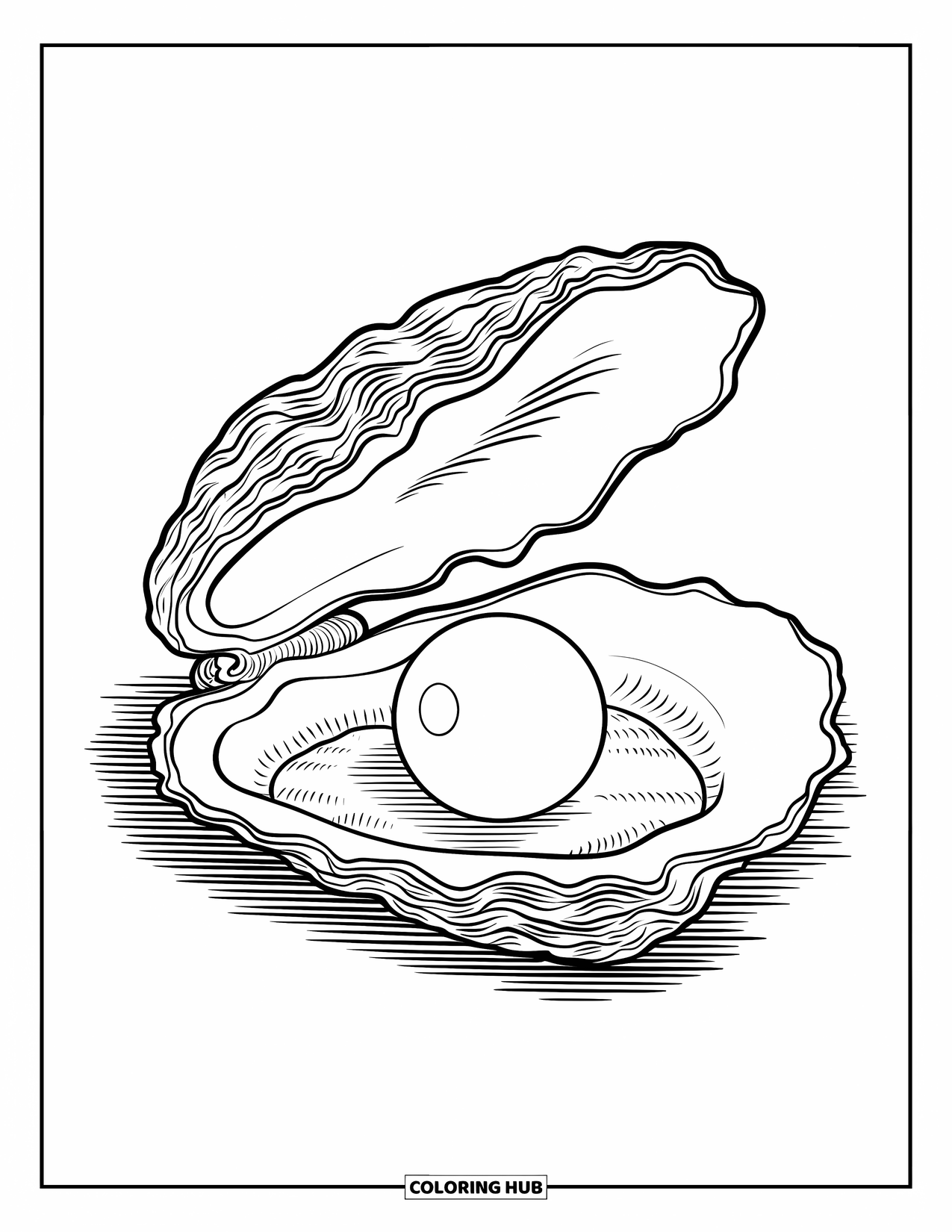 Letter O Coloring Page for Kids: Open oyster shell revealing a pearl on sandy seabed