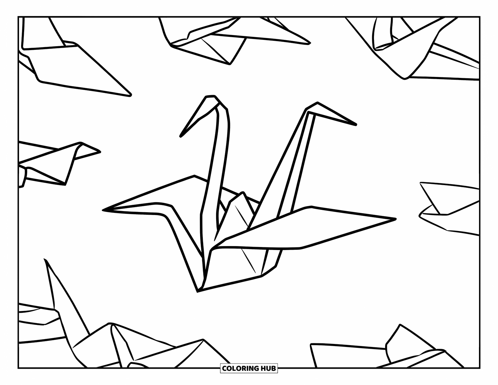 Letter O Coloring Page for Kids: Origami crane with spread wings and scattered papers in a modern layout