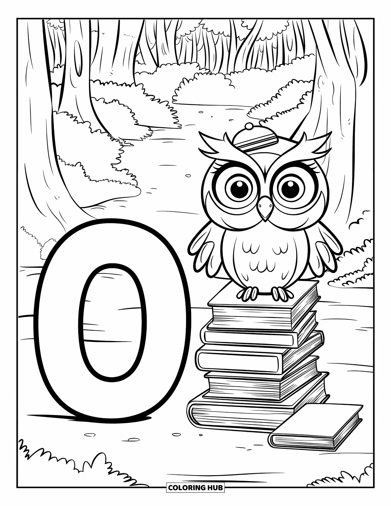 Letter O Coloring Page for Kids: Owl in a small hat sits on books next to O in the forest