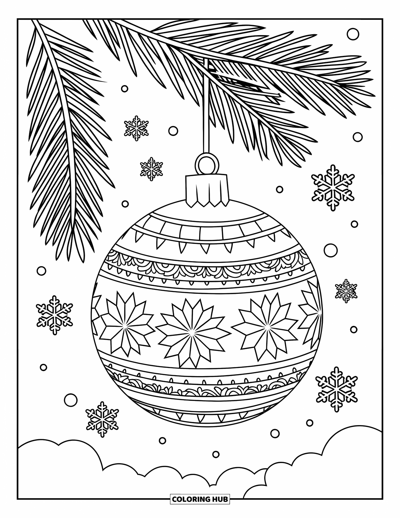 Letter O Coloring Page for Kids: Snowy pine branch with a hanging ornament and gentle snowflakes