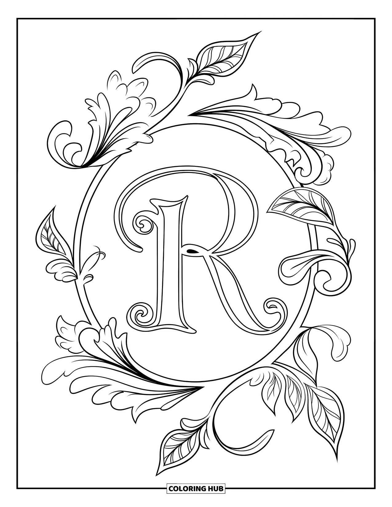 Letter R Coloring Page for Adults: A baroque floral design surrounds a bold R with swirling vines and leaves