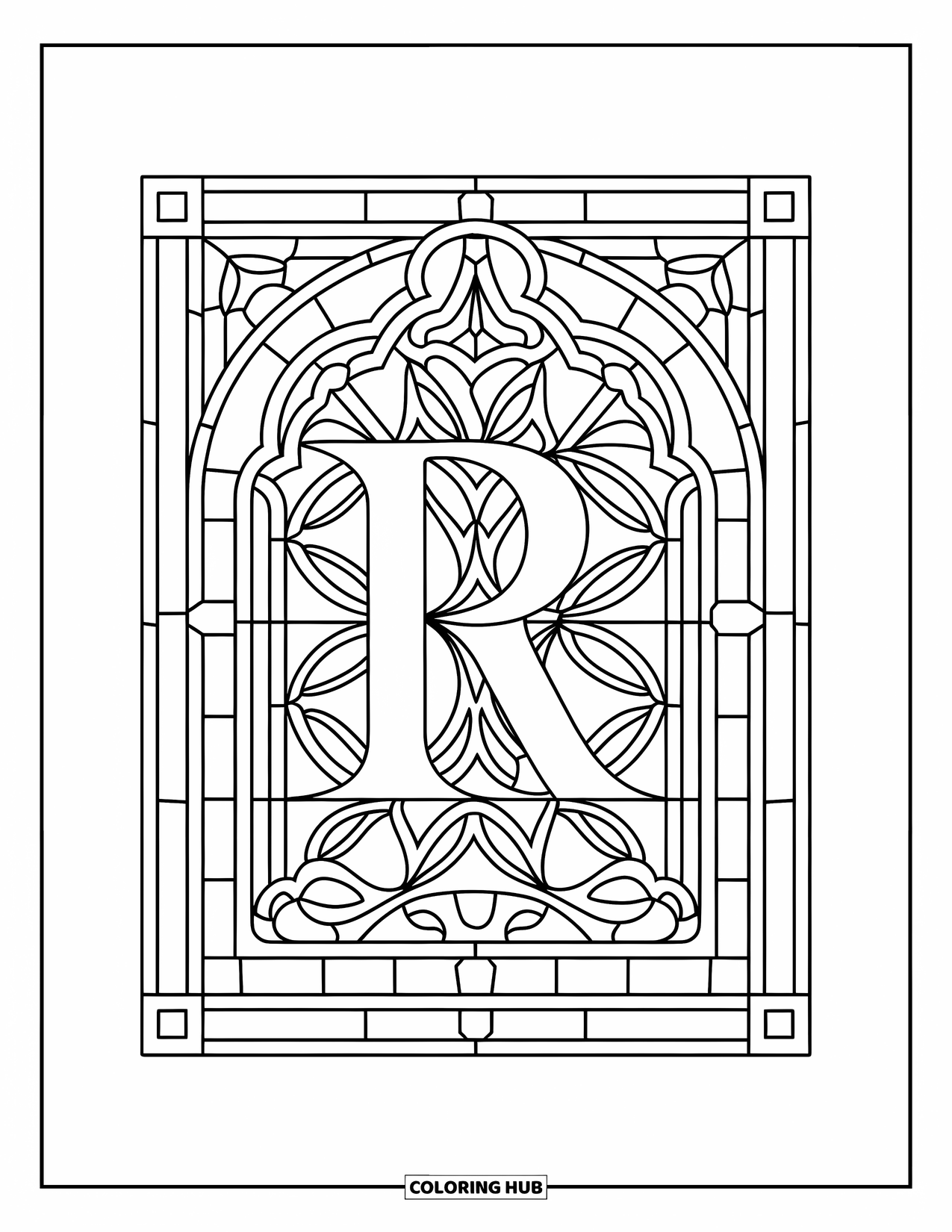 Letter R Coloring Page for Adults: A bold R is enclosed in stained glass arches and floral tracery