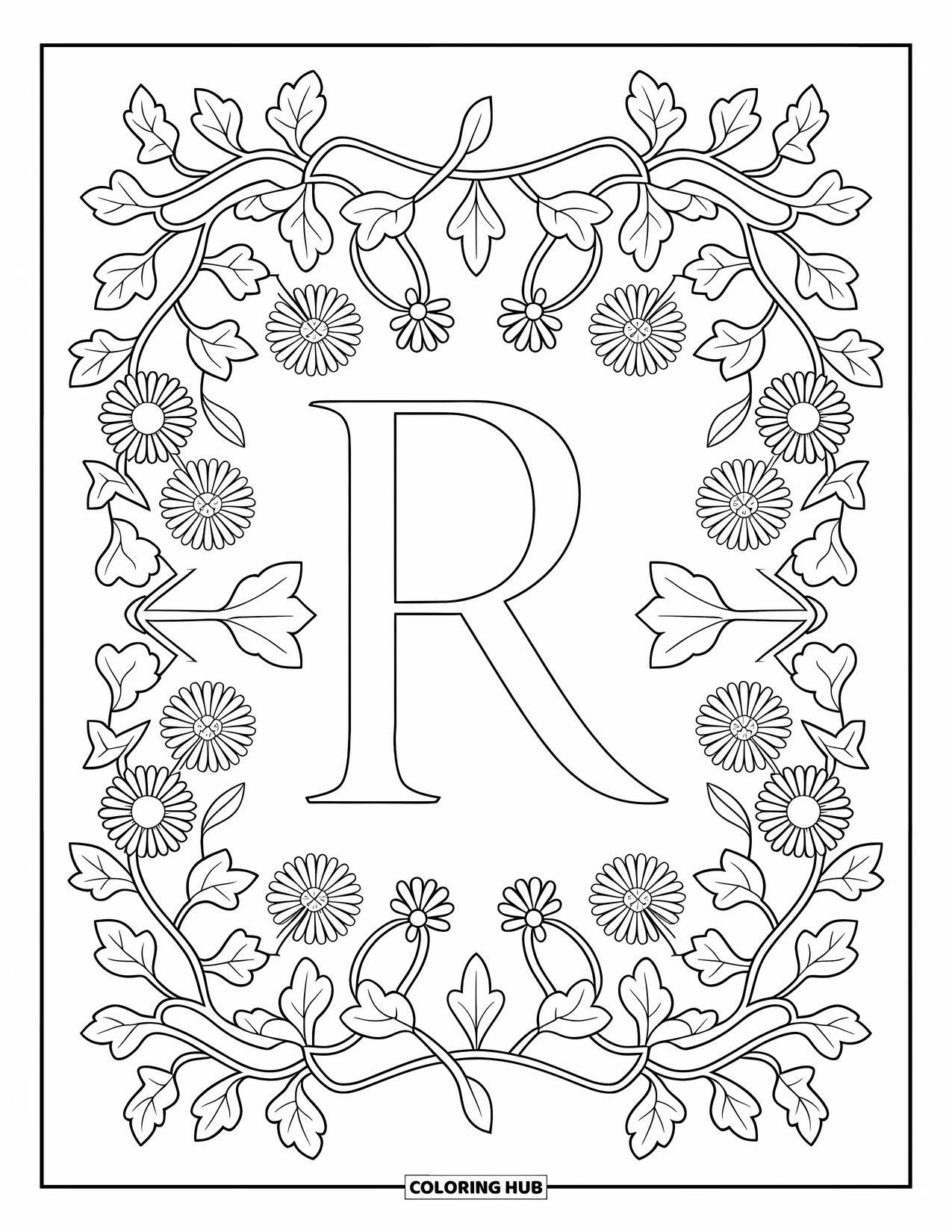 Letter R Coloring Page for Adults: A bold R is framed by ivy vines and blooming wildflowers in a full-page design