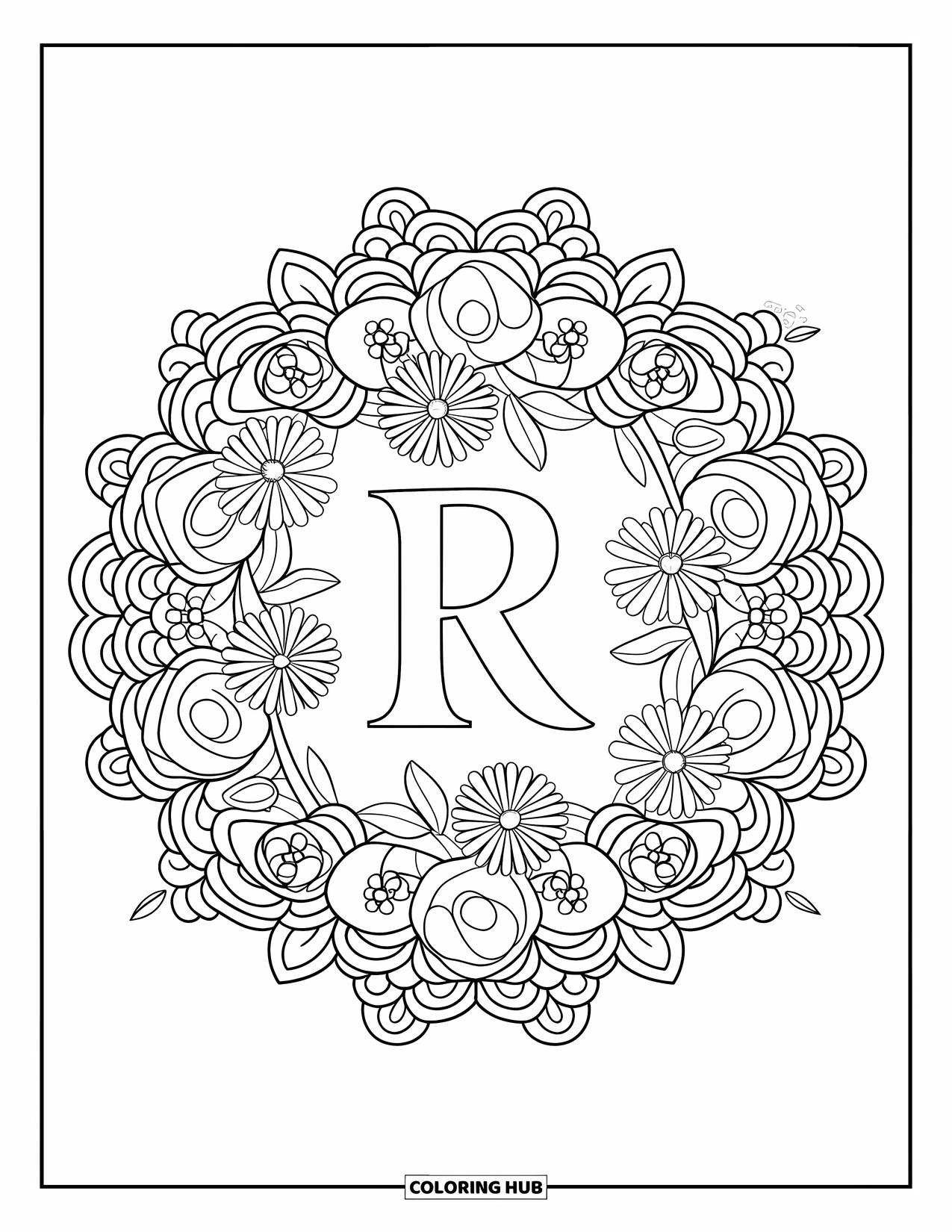 Letter R Coloring Page for Adults: A bold R sits in a floral mandala of roses, daisies, and curling leaves