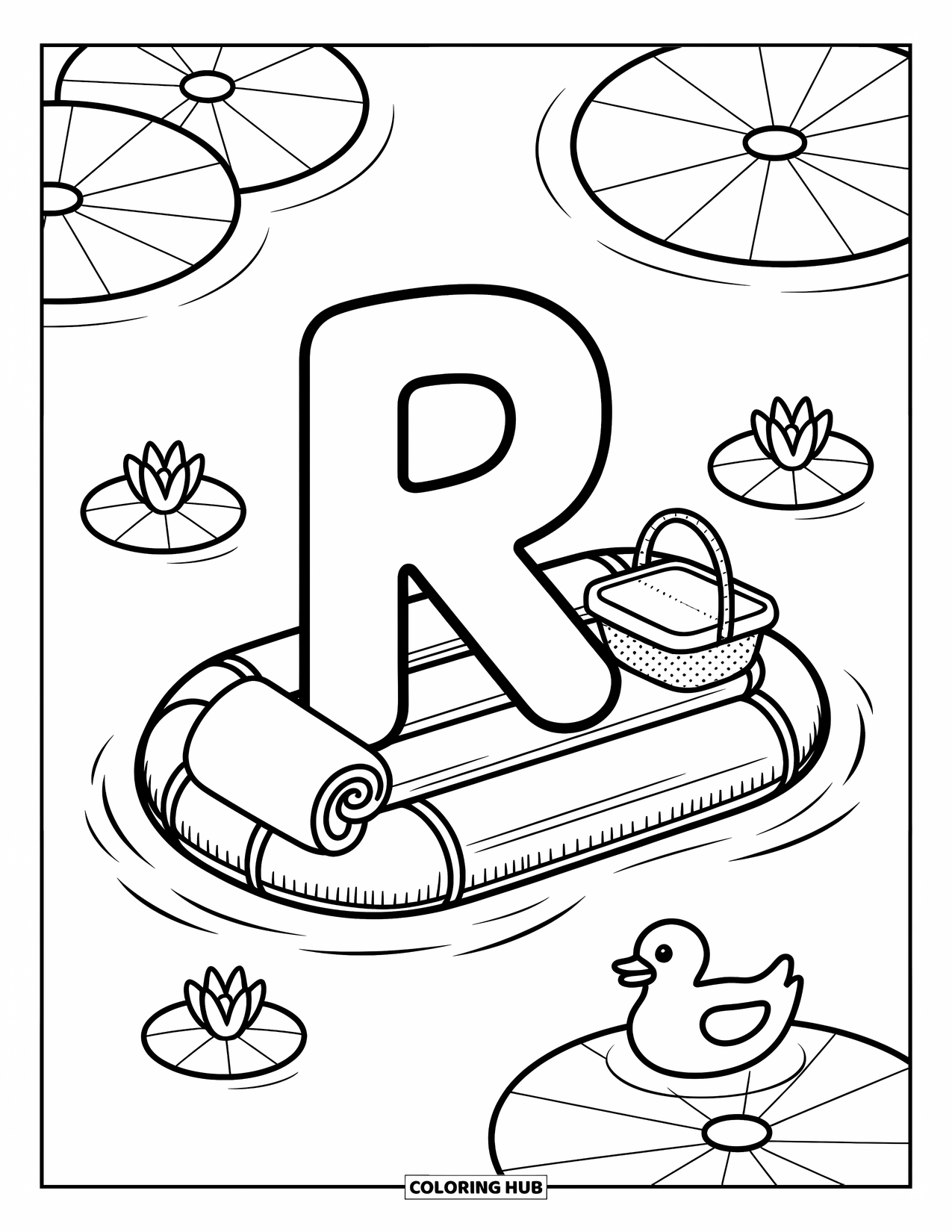 Letter R Coloring Page for Adults: A cozy raft carries R down a river with lily pads and a picnic