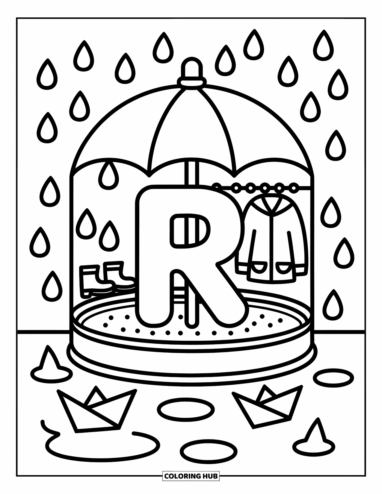 Letter R Coloring Page for Adults: A cozy umbrella shelters R, boots, raindrops, and floating paper boats