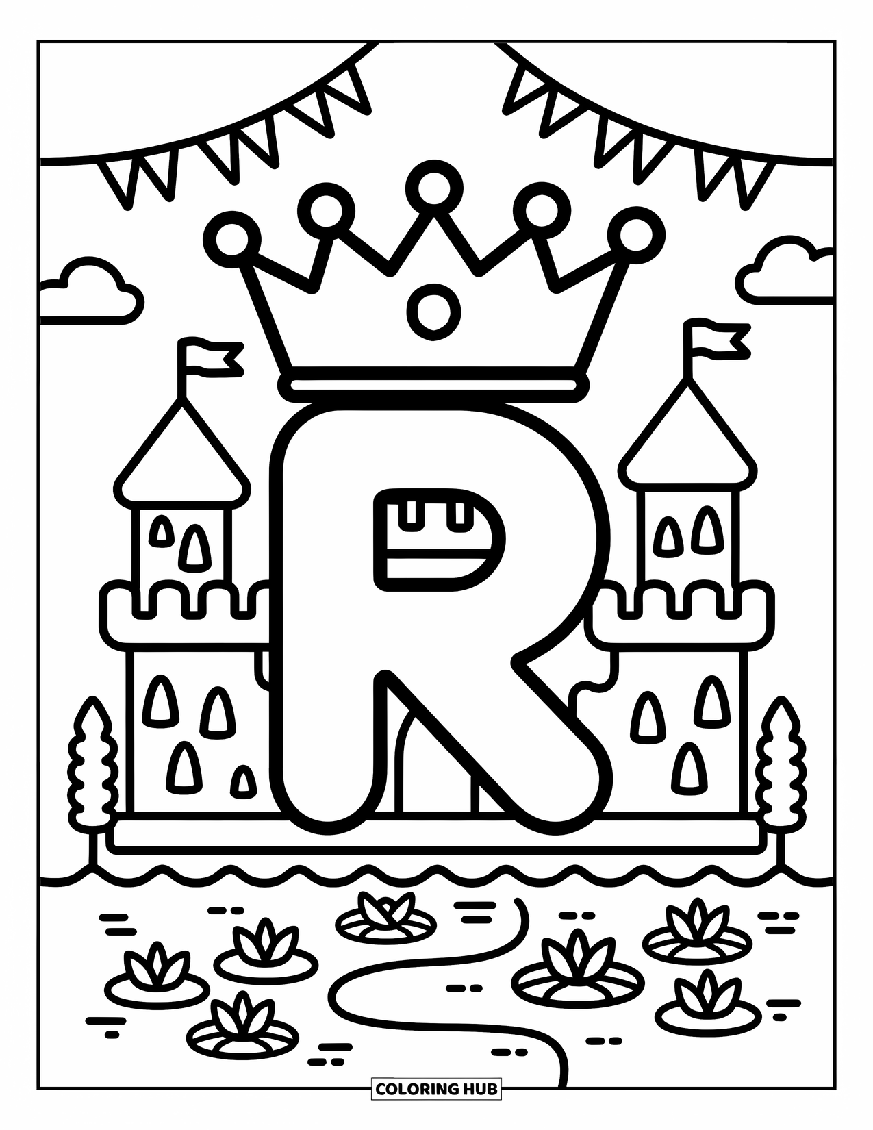Letter R Coloring Page for Adults: A crowned R stands before a cute castle surrounded by lily pads and flags