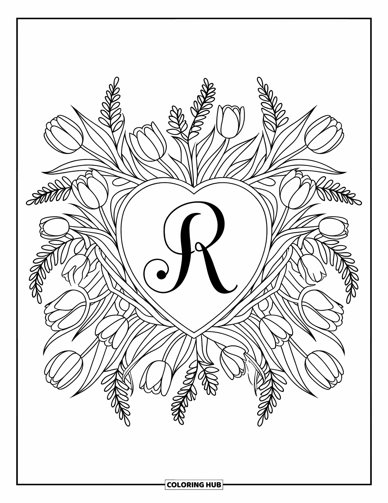 Letter R Coloring Page for Adults: A detailed floral mandala with tulips and ferns circles around an elegant R