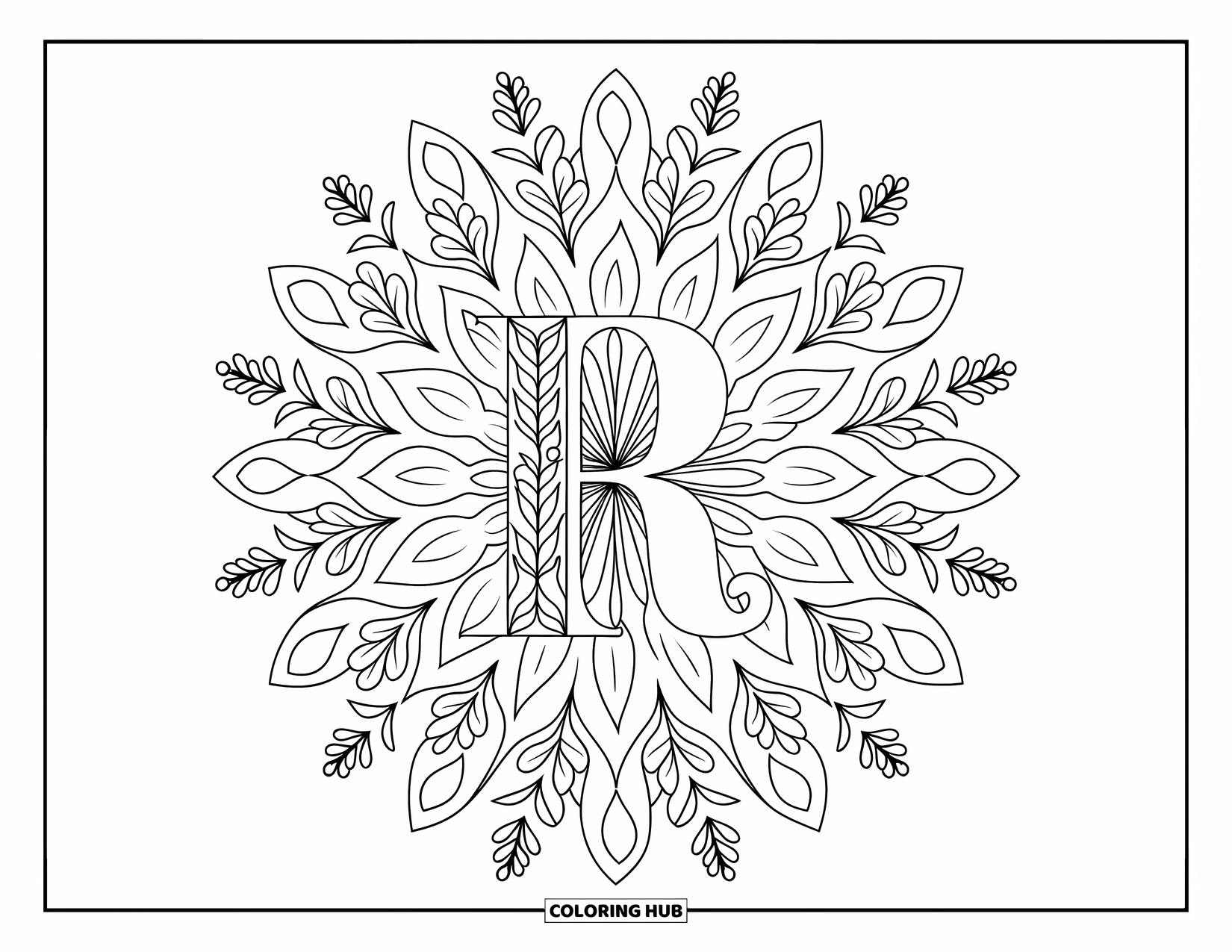 Letter R Coloring Page for Adults: A fancy R sits in the center of a mandala made of herbs and petals
