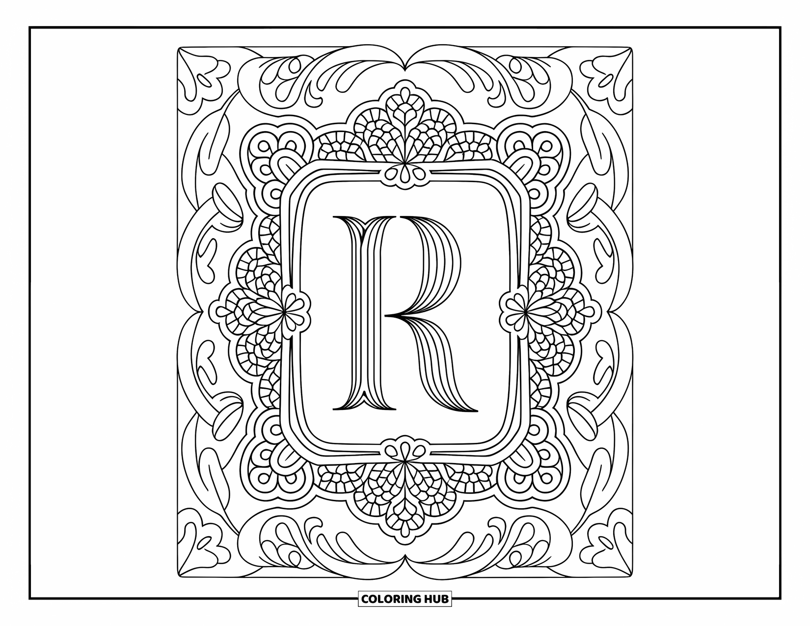 Letter R Coloring Page for Adults: A fancy R sits inside a lacy Victorian frame filled with detailed floral patterns