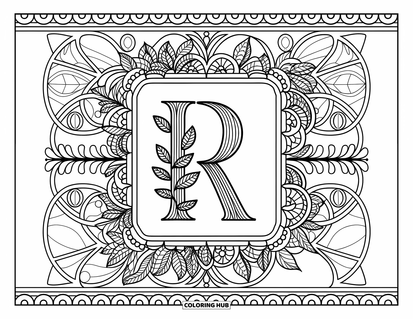 Letter R Coloring Page for Adults: A framed R is surrounded by detailed patterns and a delicate lace border