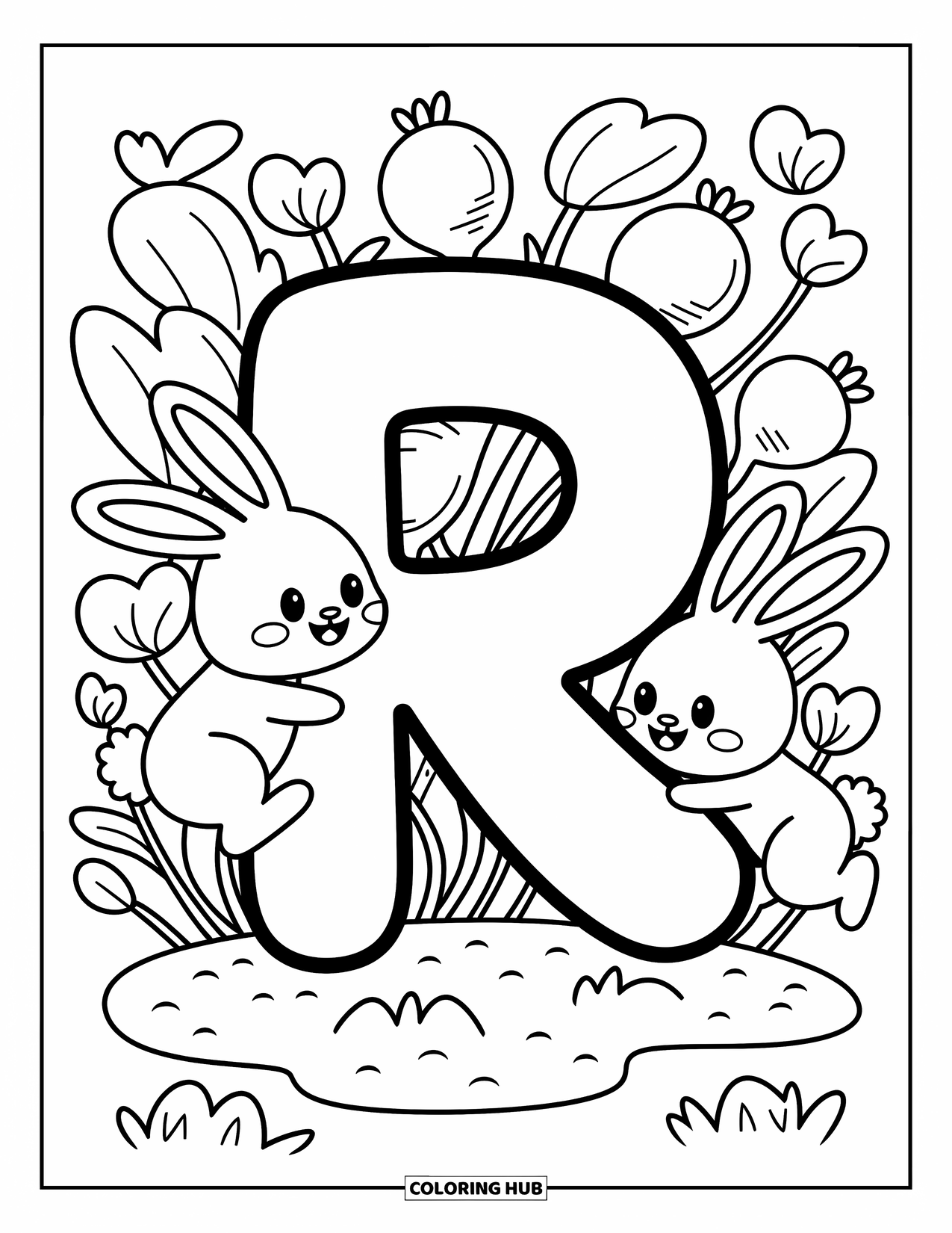 Letter R Coloring Page for Adults: A playful R sits with two bunnies and blooming radishes in a sweet scene
