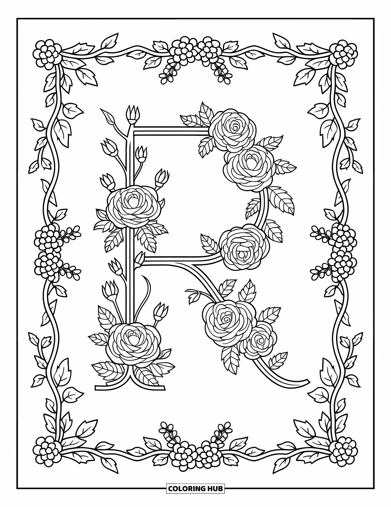 Letter R Coloring Page for Adults: A rose-shaped R is framed by ivy and wildflowers with a decorative border