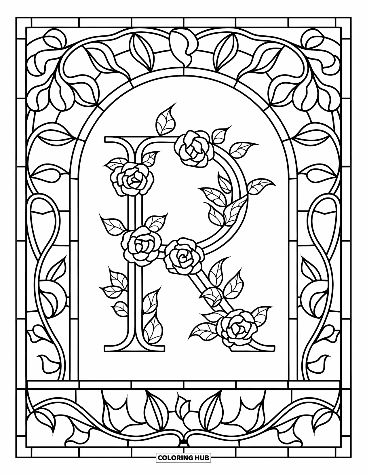 Letter R Coloring Page for Adults: A rose window filled with vines and petals surrounds a decorative R