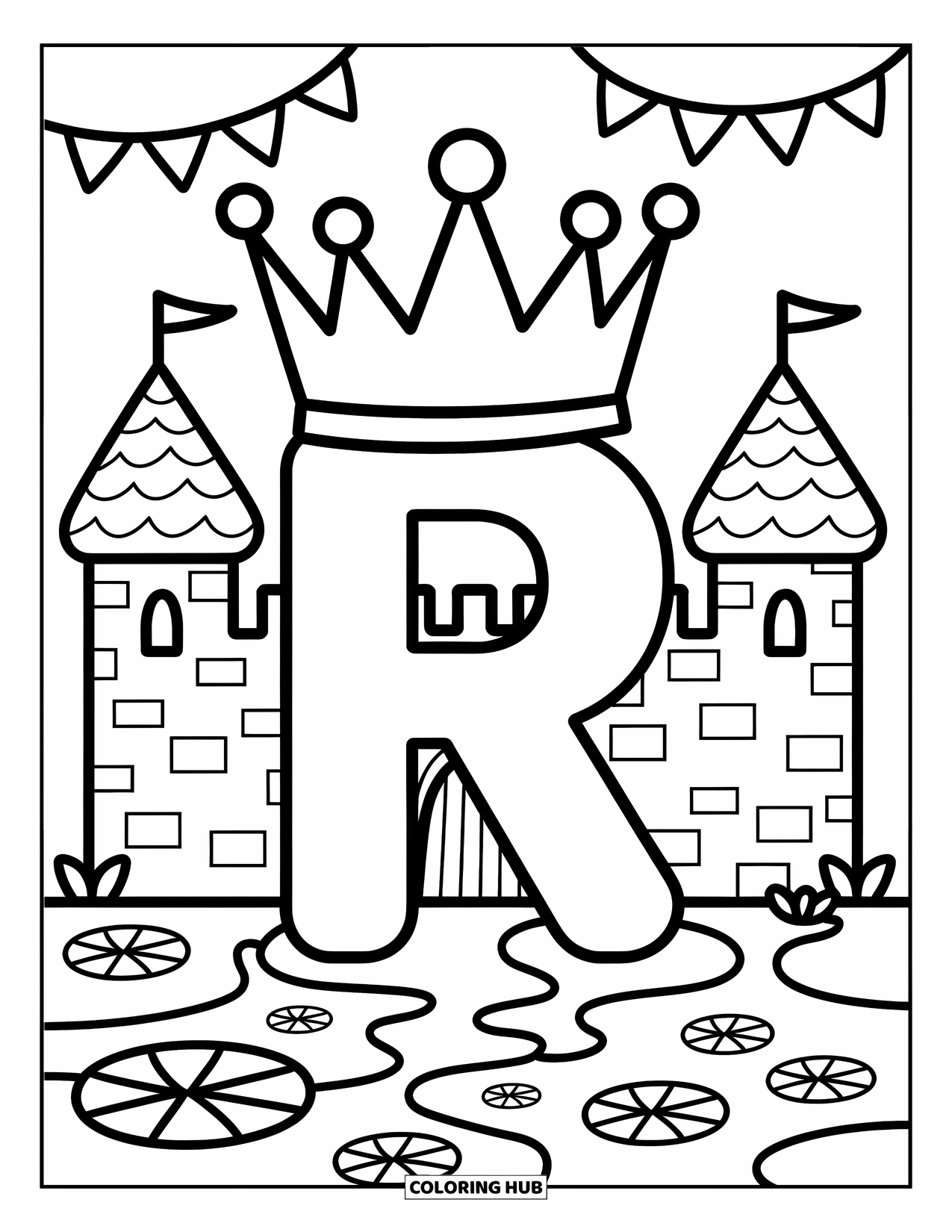 Letter R Coloring Page for Adults: A royal R with a crown stands proudly near a castle and lily moat