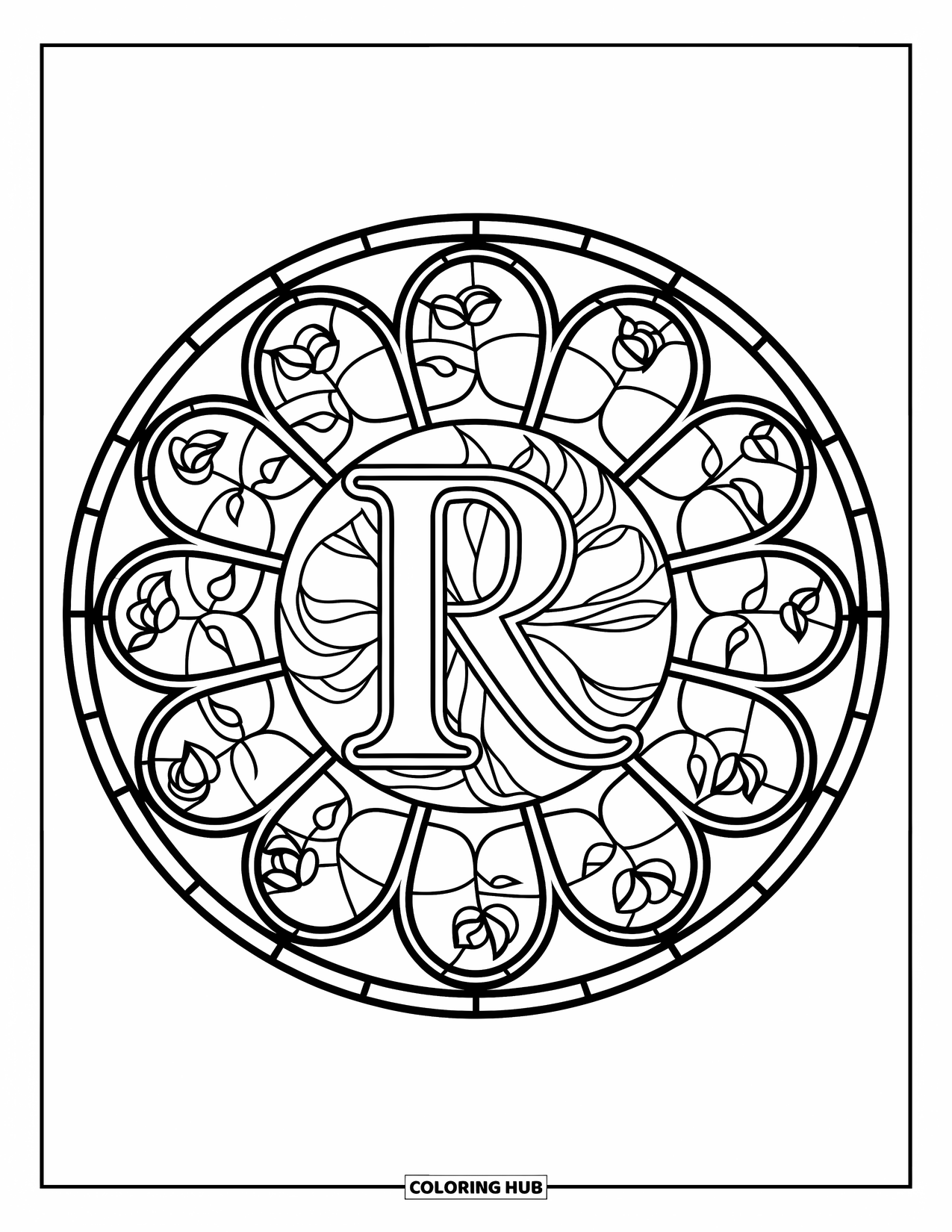 Letter R Coloring Page for Adults: A stained glass-style rose window with vines surrounds a decorative R