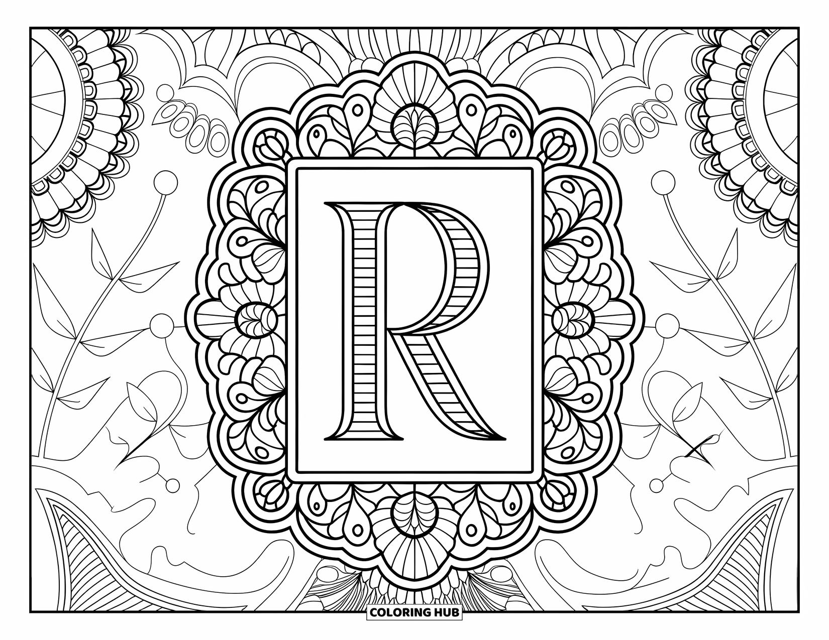 Letter R Coloring Page for Adults: A stylized R rests in a Victorian frame with a background of ornate designs