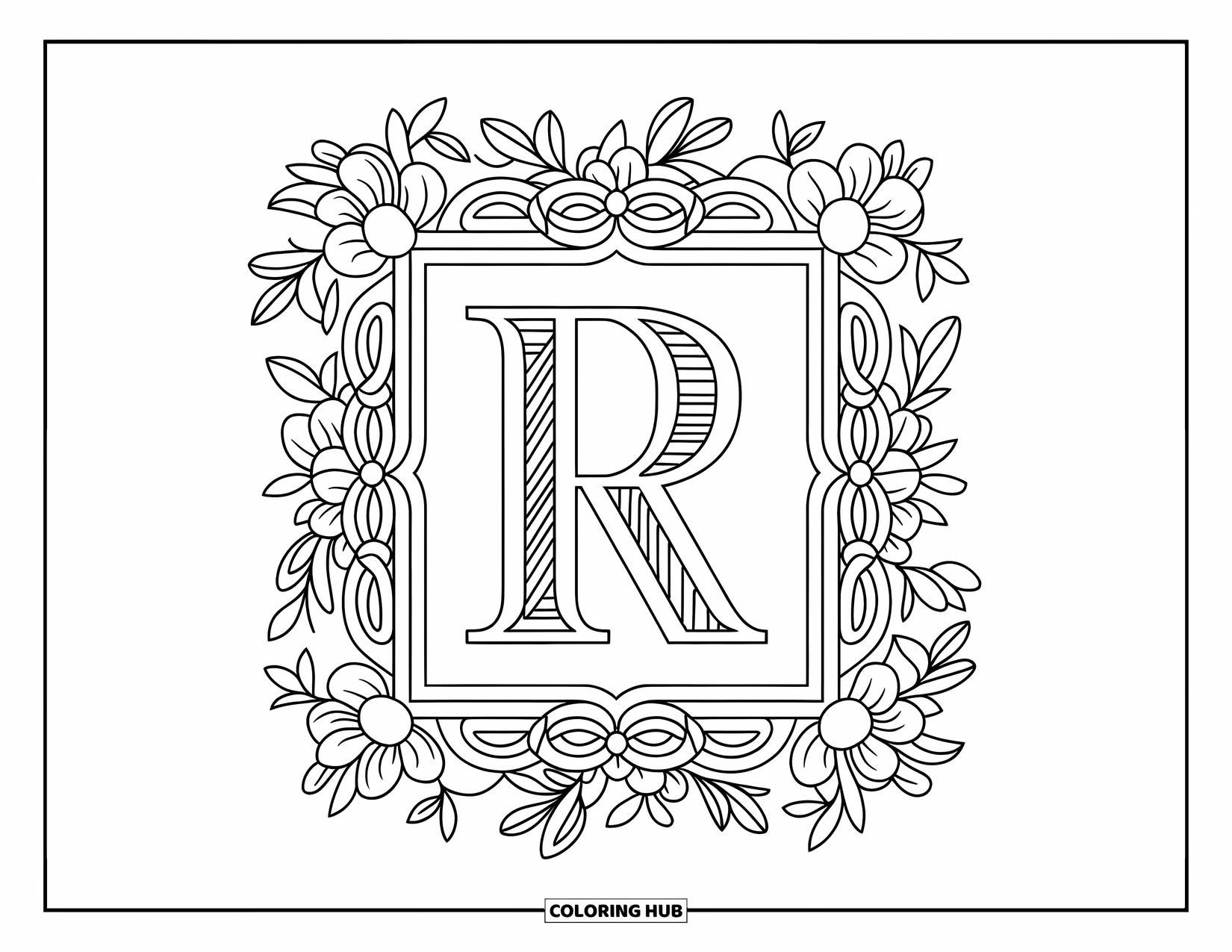 Letter R Coloring Page for Adults: An elegant R sits in a floral Victorian frame with a clean, white background