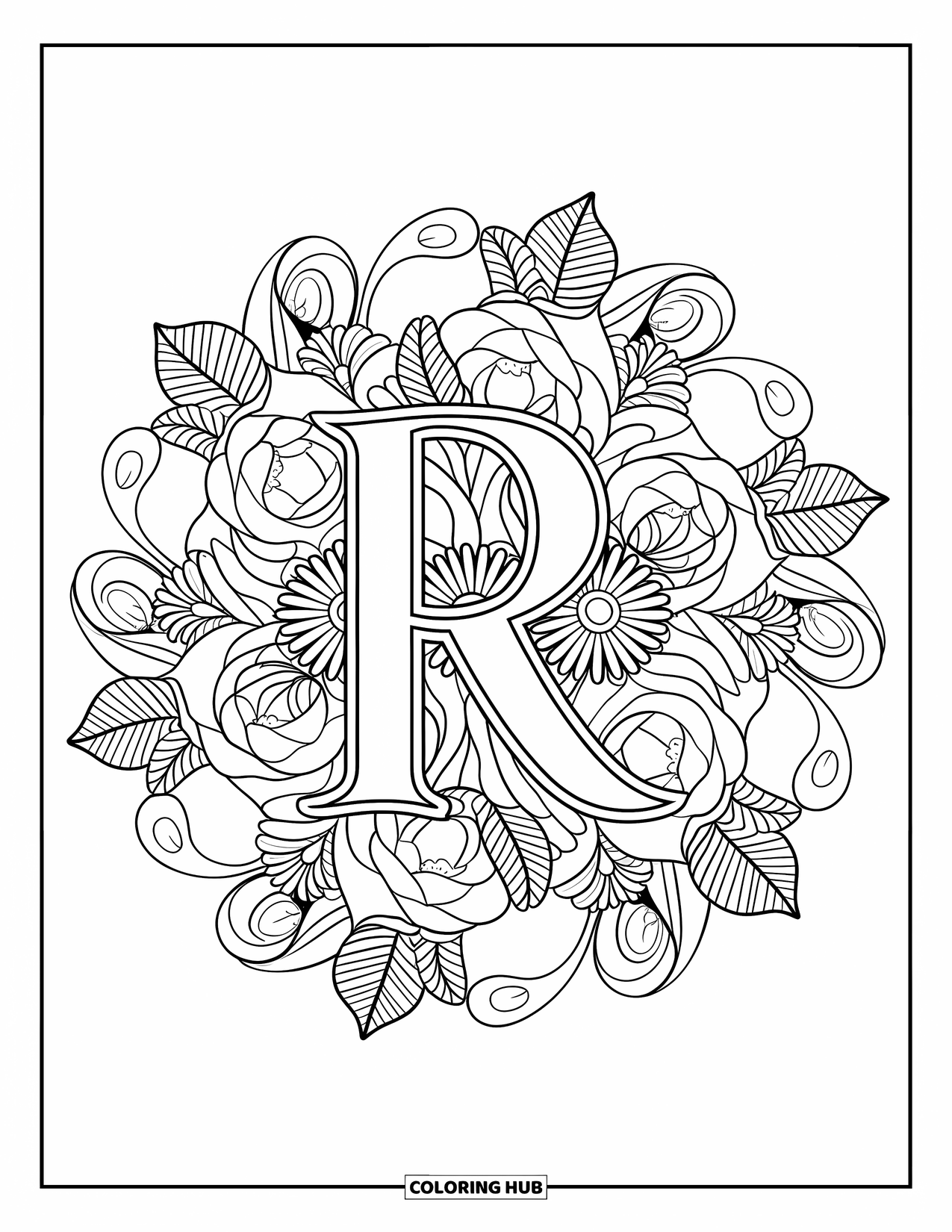 Letter R Coloring Page for Adults: An ornate R sits at the center of a floral mandala with curling leaves