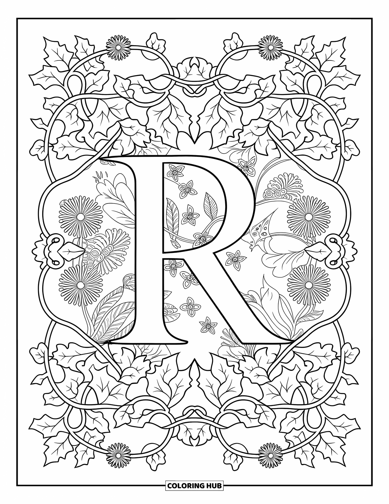 Letter R Coloring Page for Adults: Ivy vines and wildflowers form a detailed frame around a large letter R