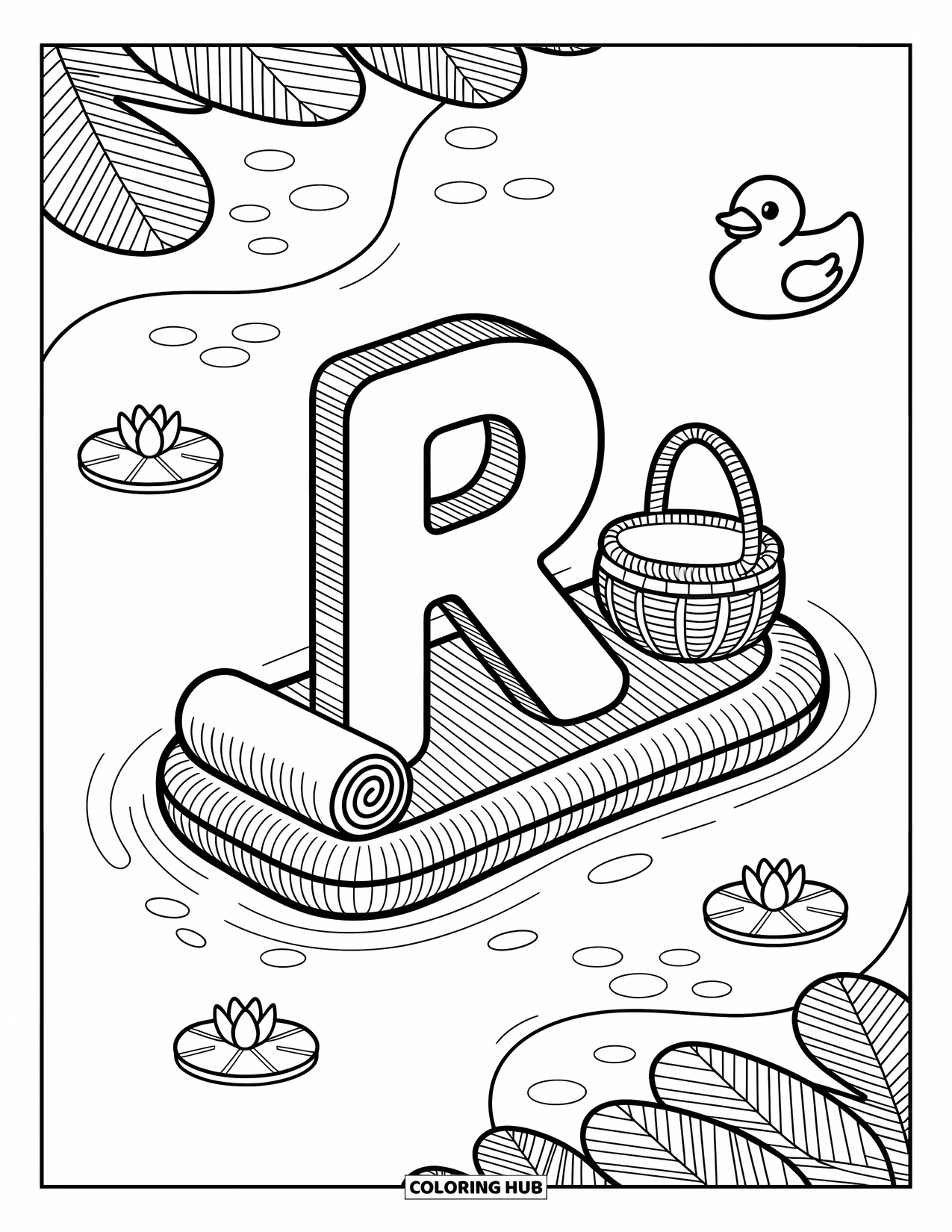 Letter R Coloring Page for Adults: R floats on a raft with lily pads, ripples, and a duck nearby
